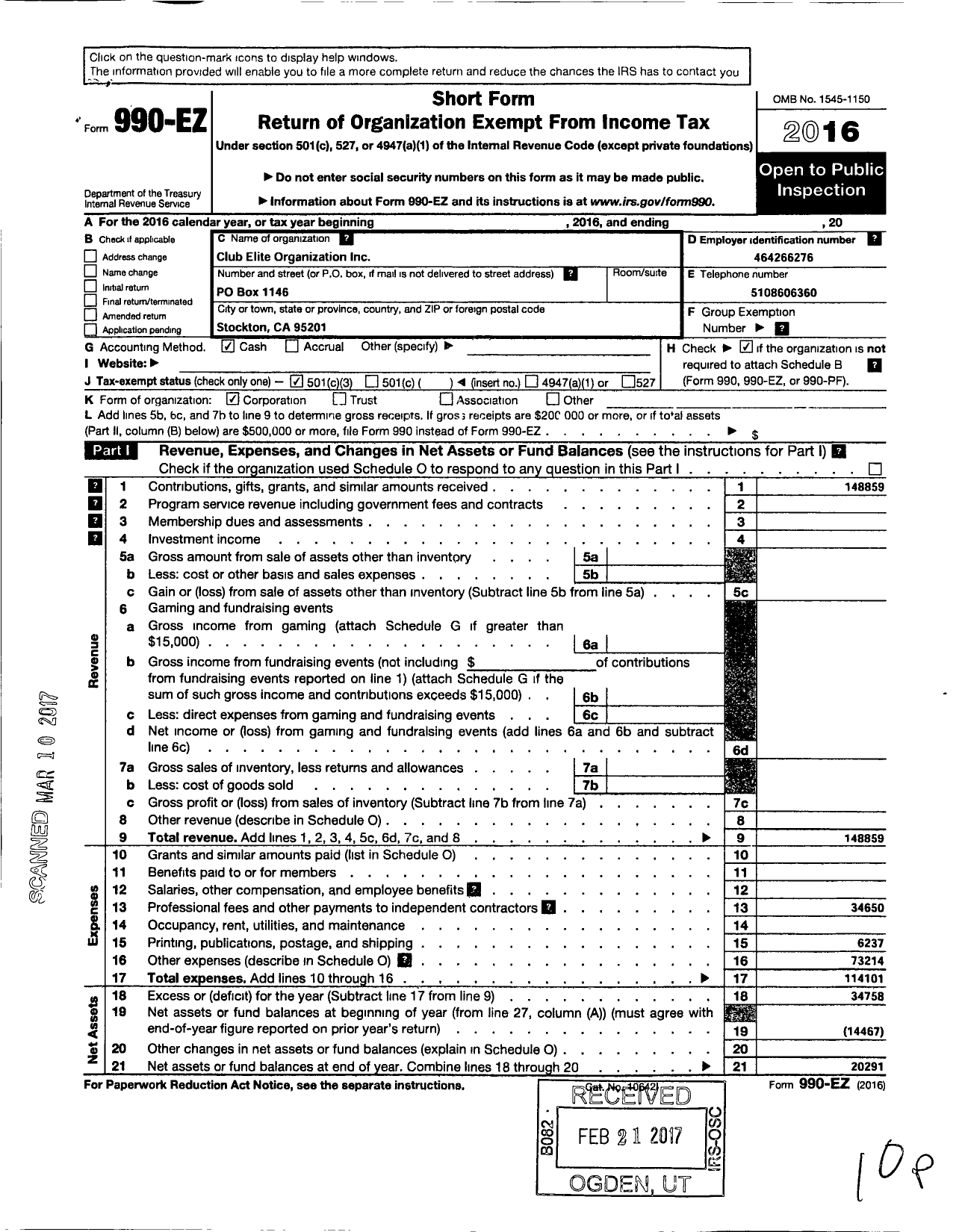 Image of first page of 2016 Form 990EZ for Club Elite Organization