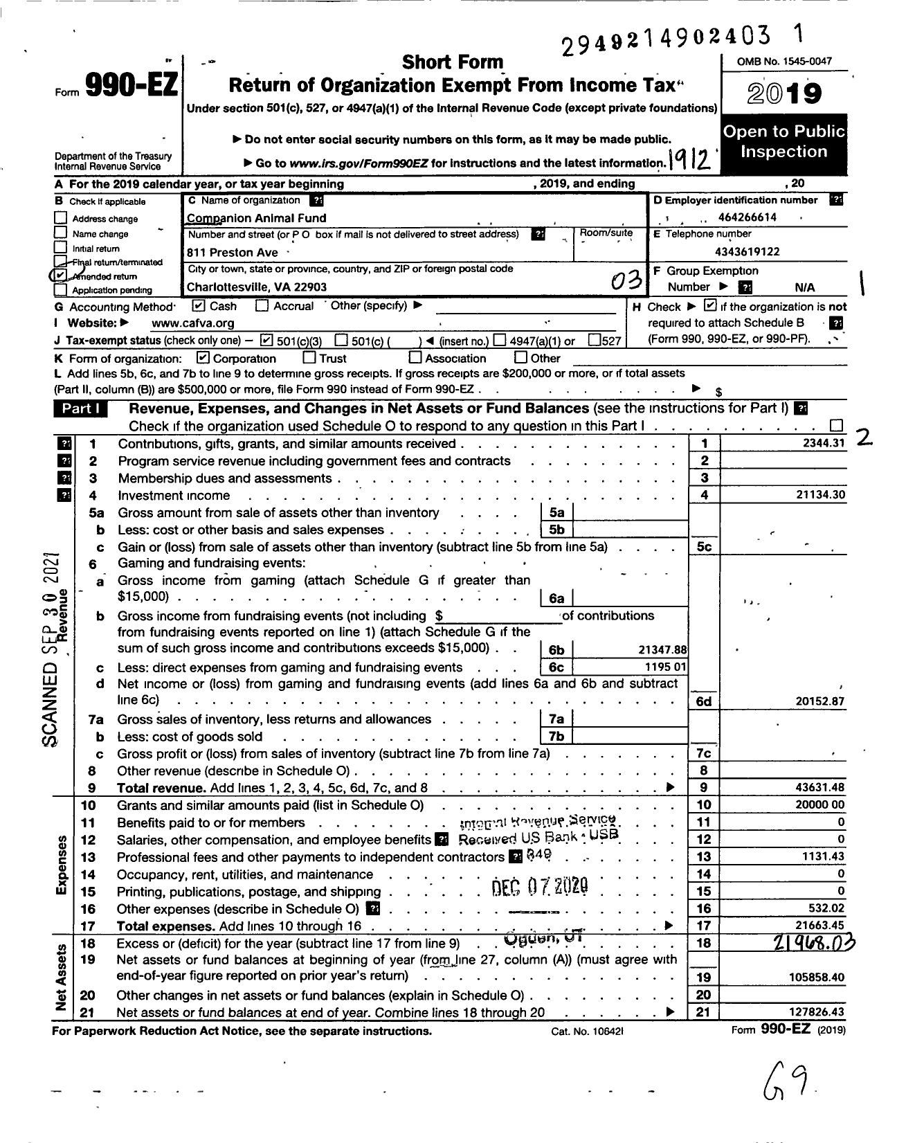 Image of first page of 2019 Form 990EZ for Companion Animal Fund