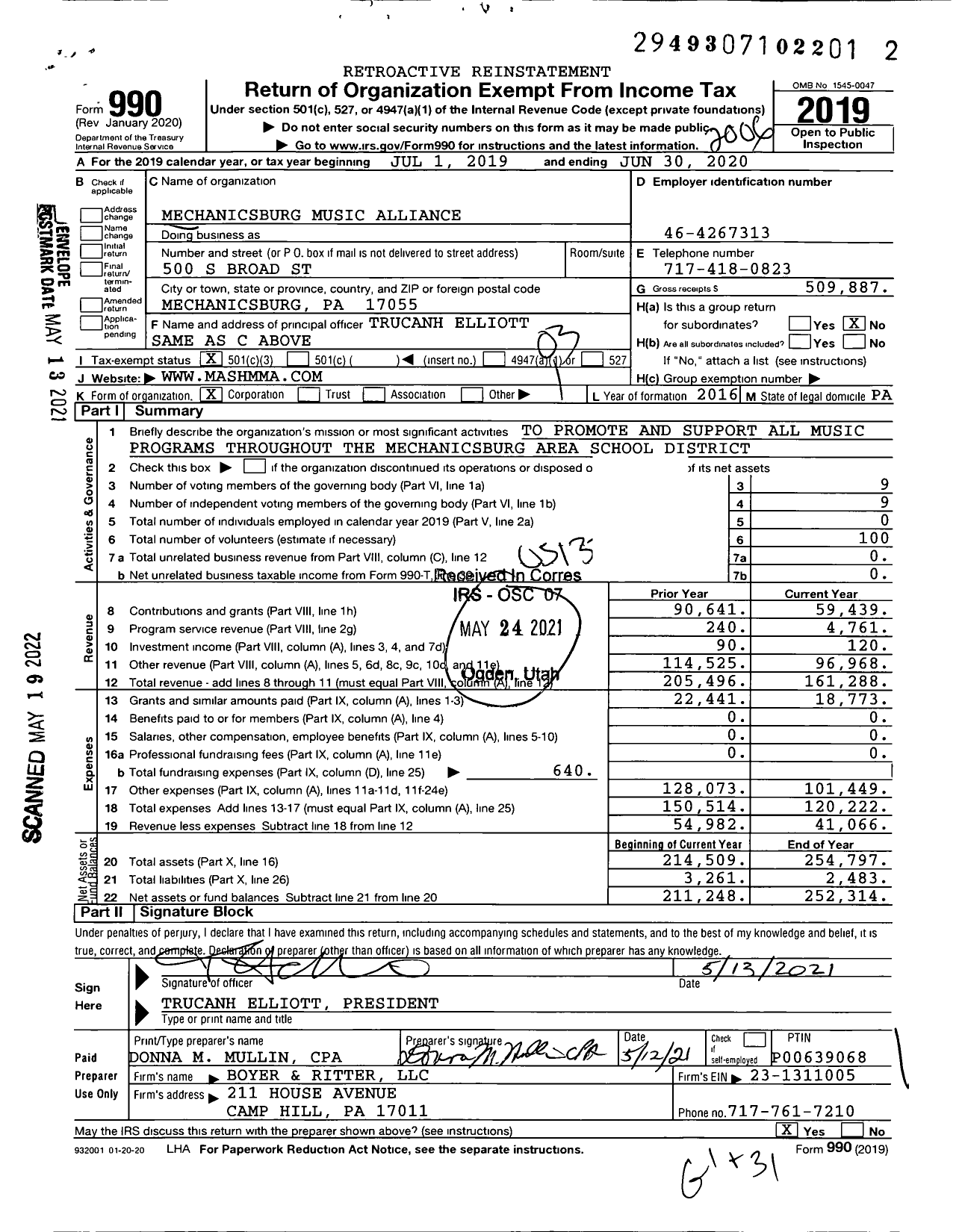 Image of first page of 2019 Form 990 for Mechanicsburg Music Alliance