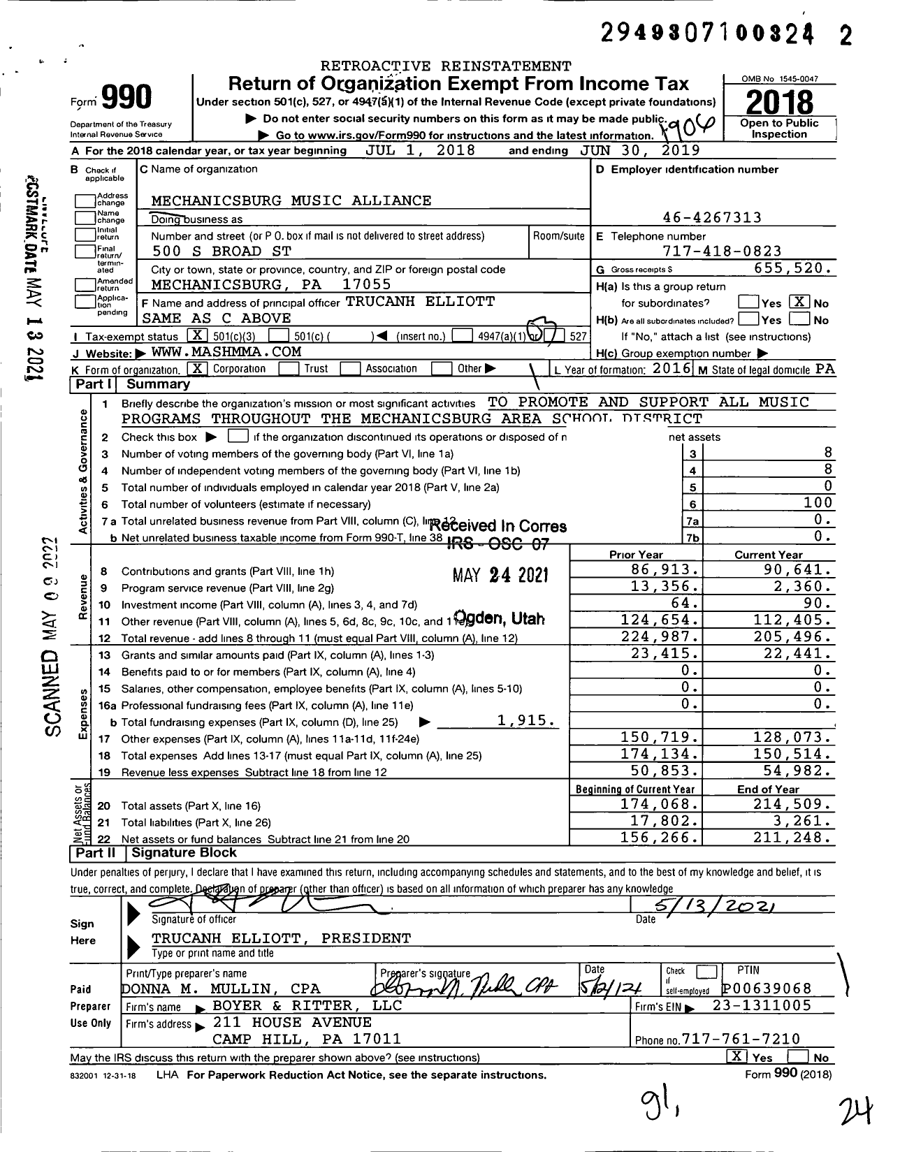 Image of first page of 2018 Form 990 for Mechanicsburg Music Alliance