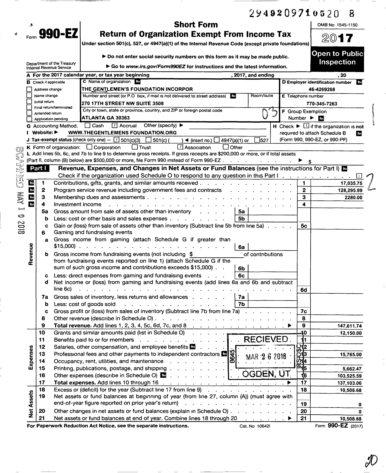 Image of first page of 2017 Form 990EZ for Gentlemens Foundation