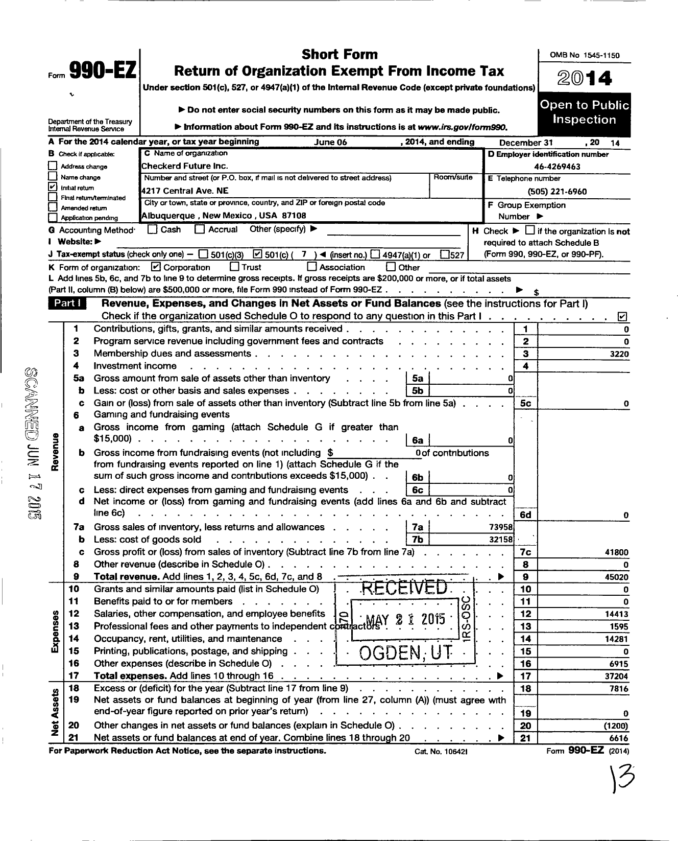 Image of first page of 2014 Form 990EO for Checkered Future