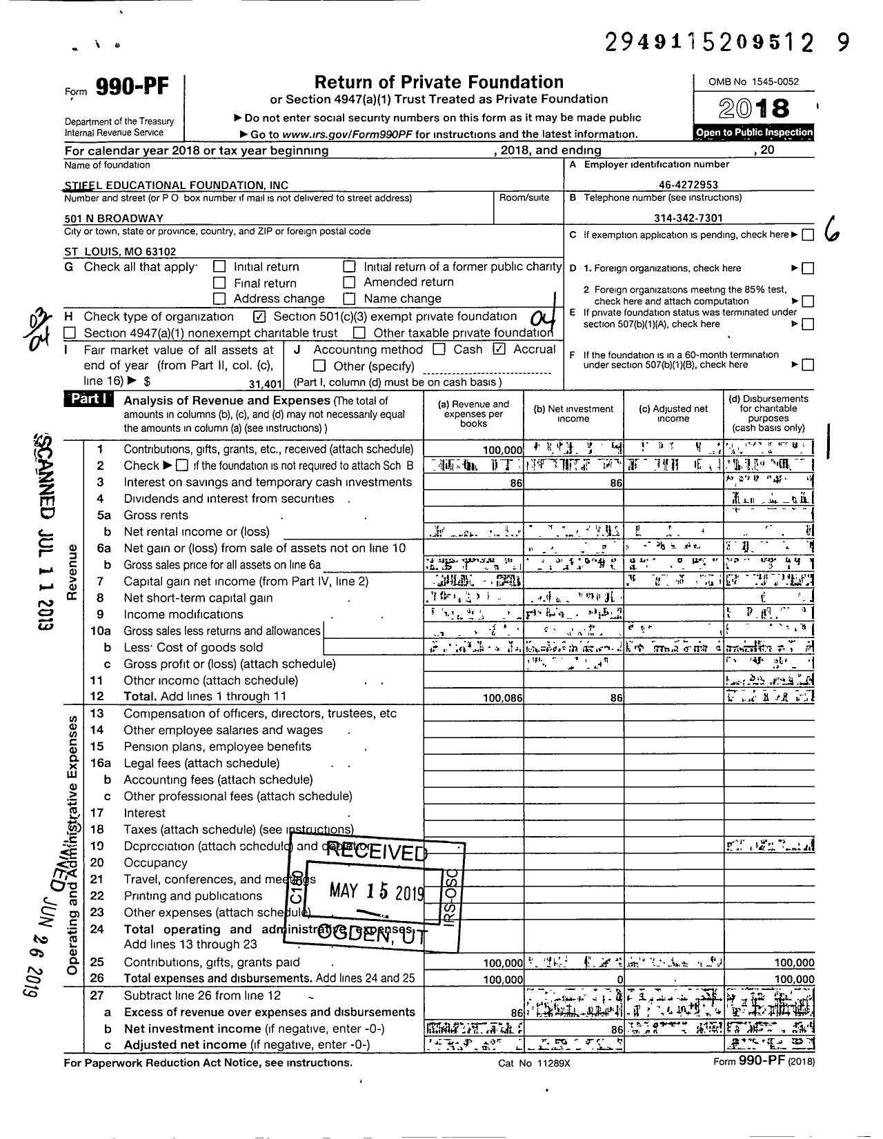 Image of first page of 2018 Form 990PF for Stifel Educational Foundation