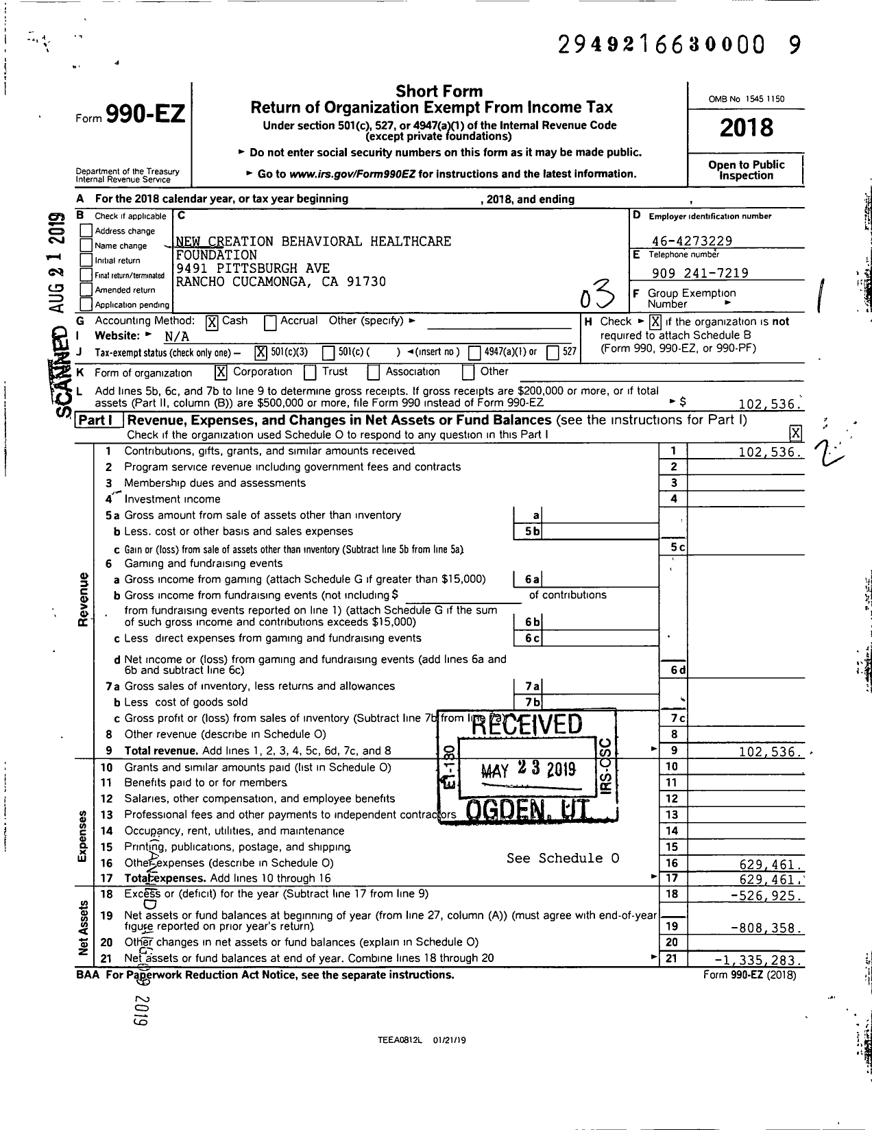 Image of first page of 2018 Form 990EZ for New Creation Behavioral Healthcare Foundation