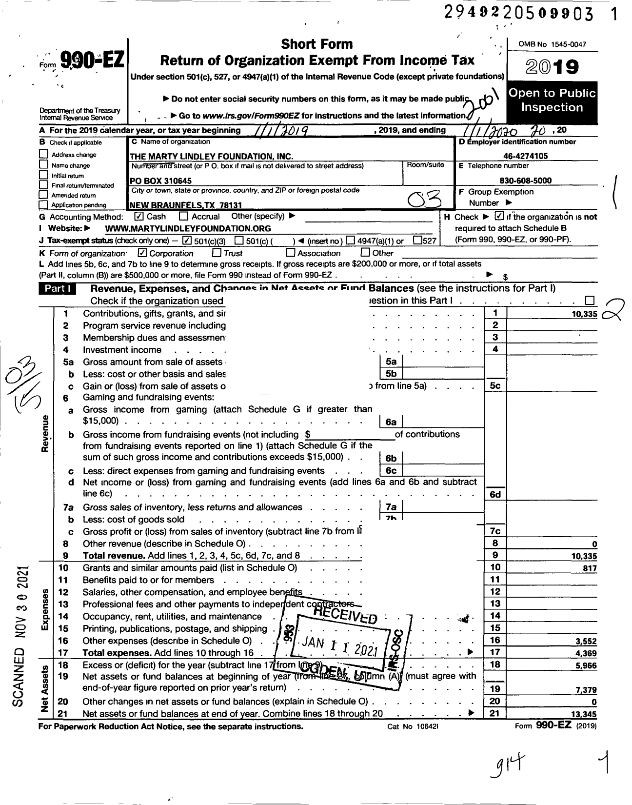 Image of first page of 2019 Form 990EZ for The Marty Lindley Foundation