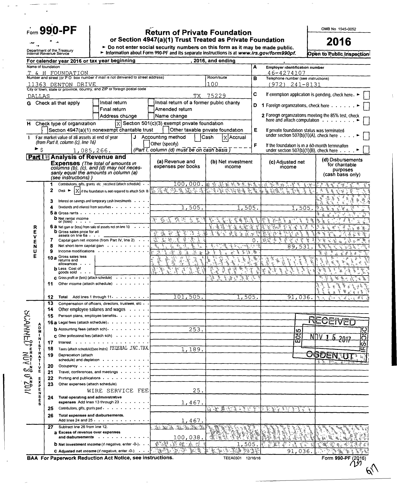 Image of first page of 2016 Form 990PF for T and H Foundation