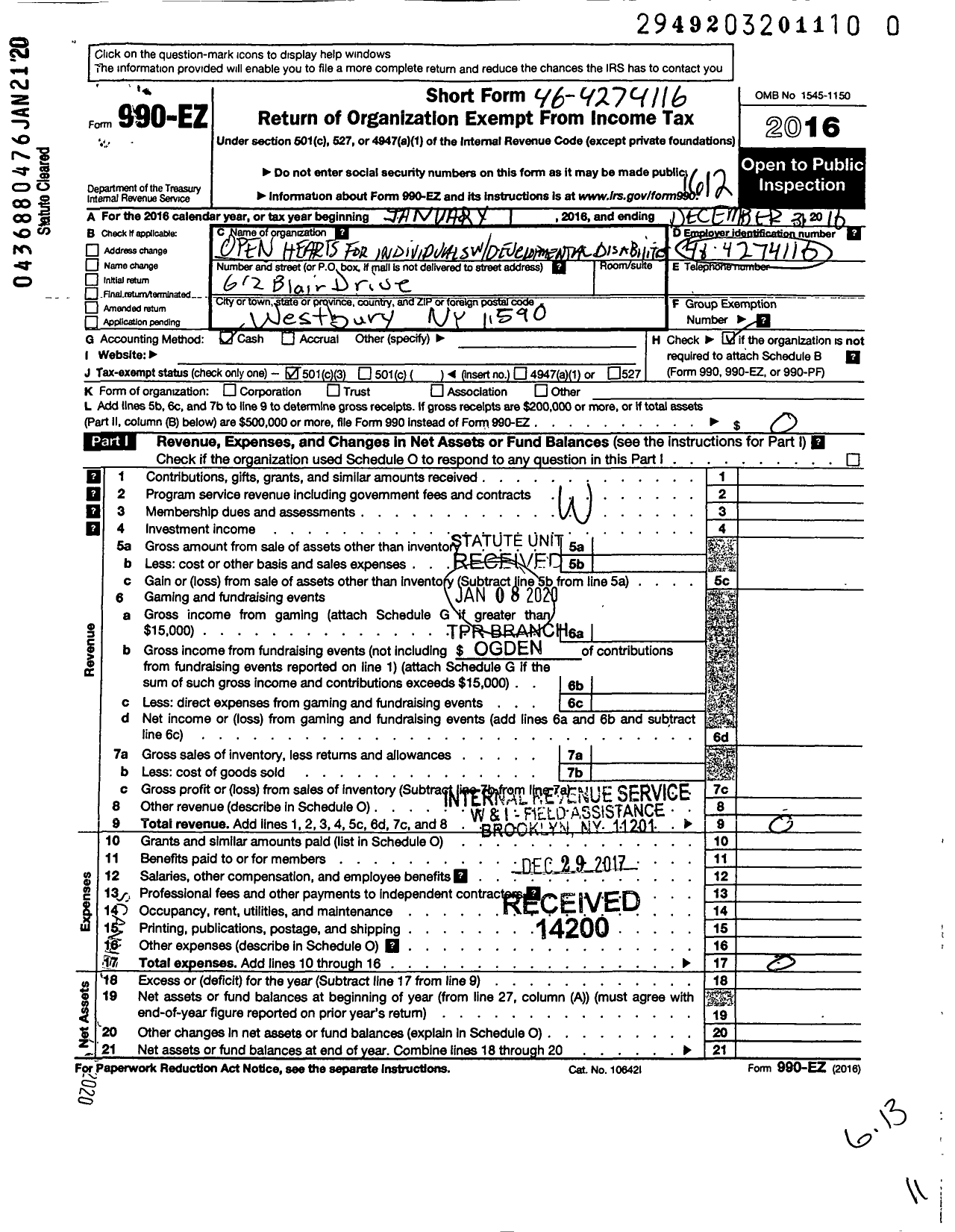 Image of first page of 2016 Form 990EZ for Open Hearts for Individuals with Developmental Disabilities