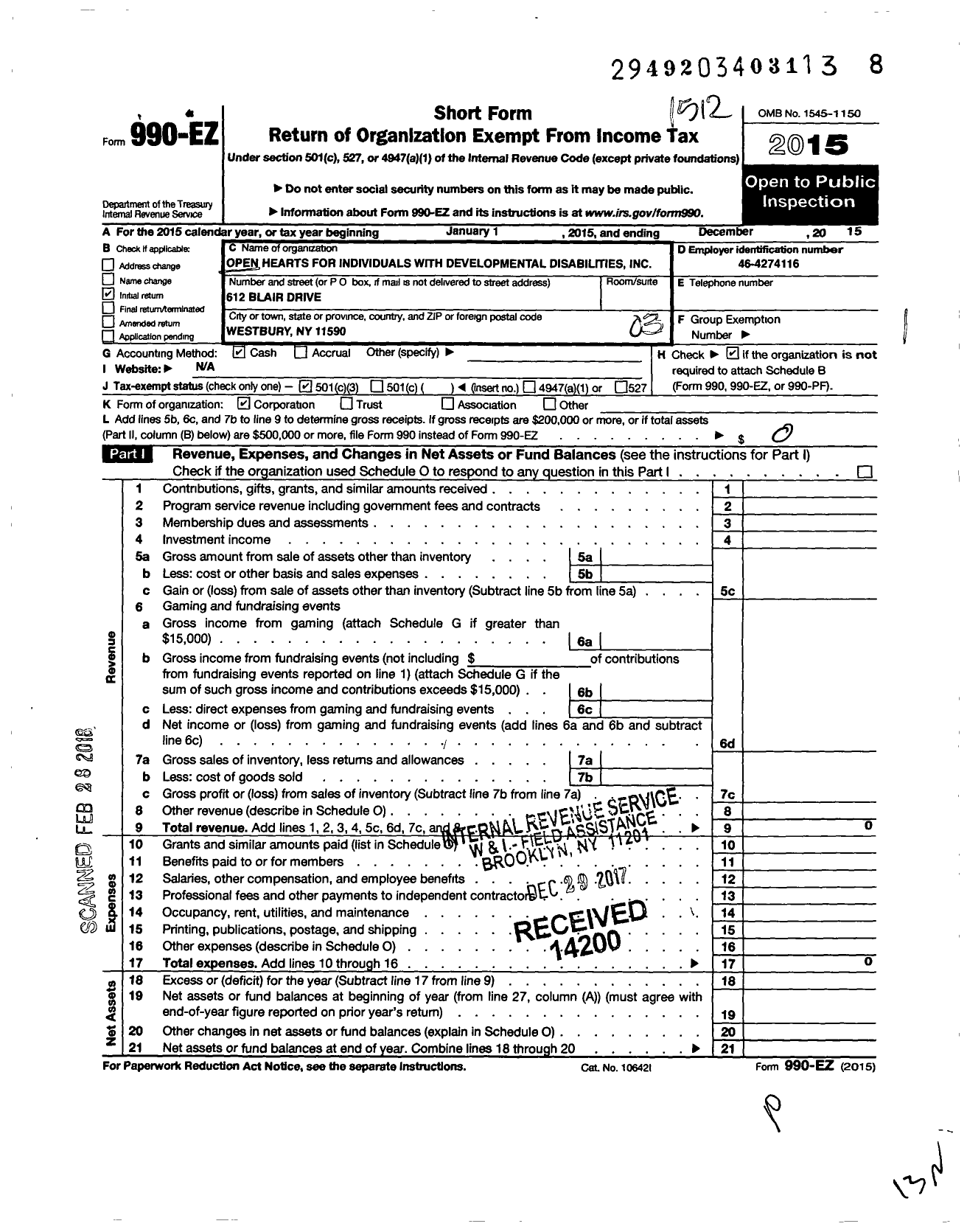 Image of first page of 2015 Form 990EZ for Open Hearts for Individuals with Developmental Disabilities