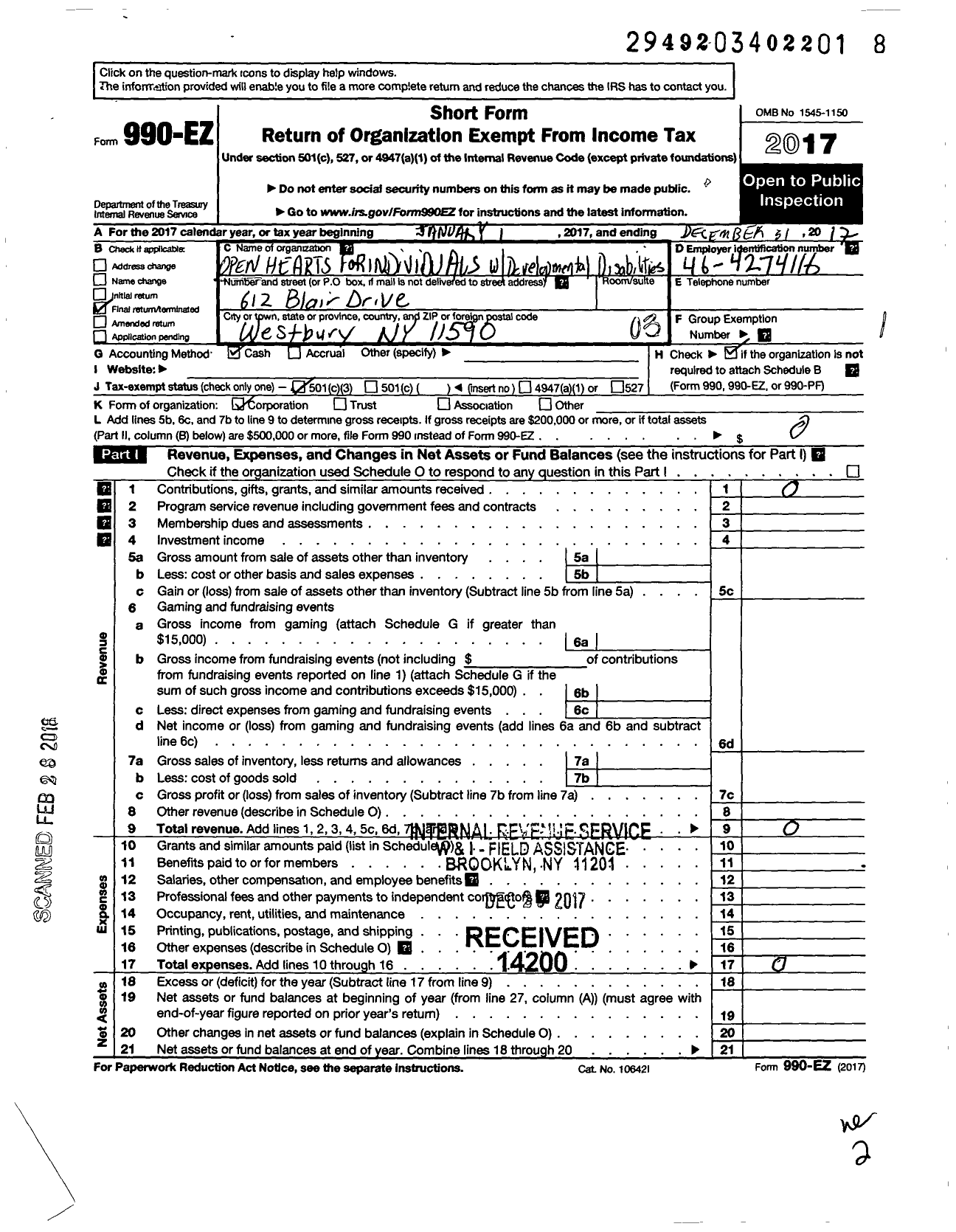 Image of first page of 2017 Form 990EZ for Open Hearts for Individuals with Developmental Disabilities