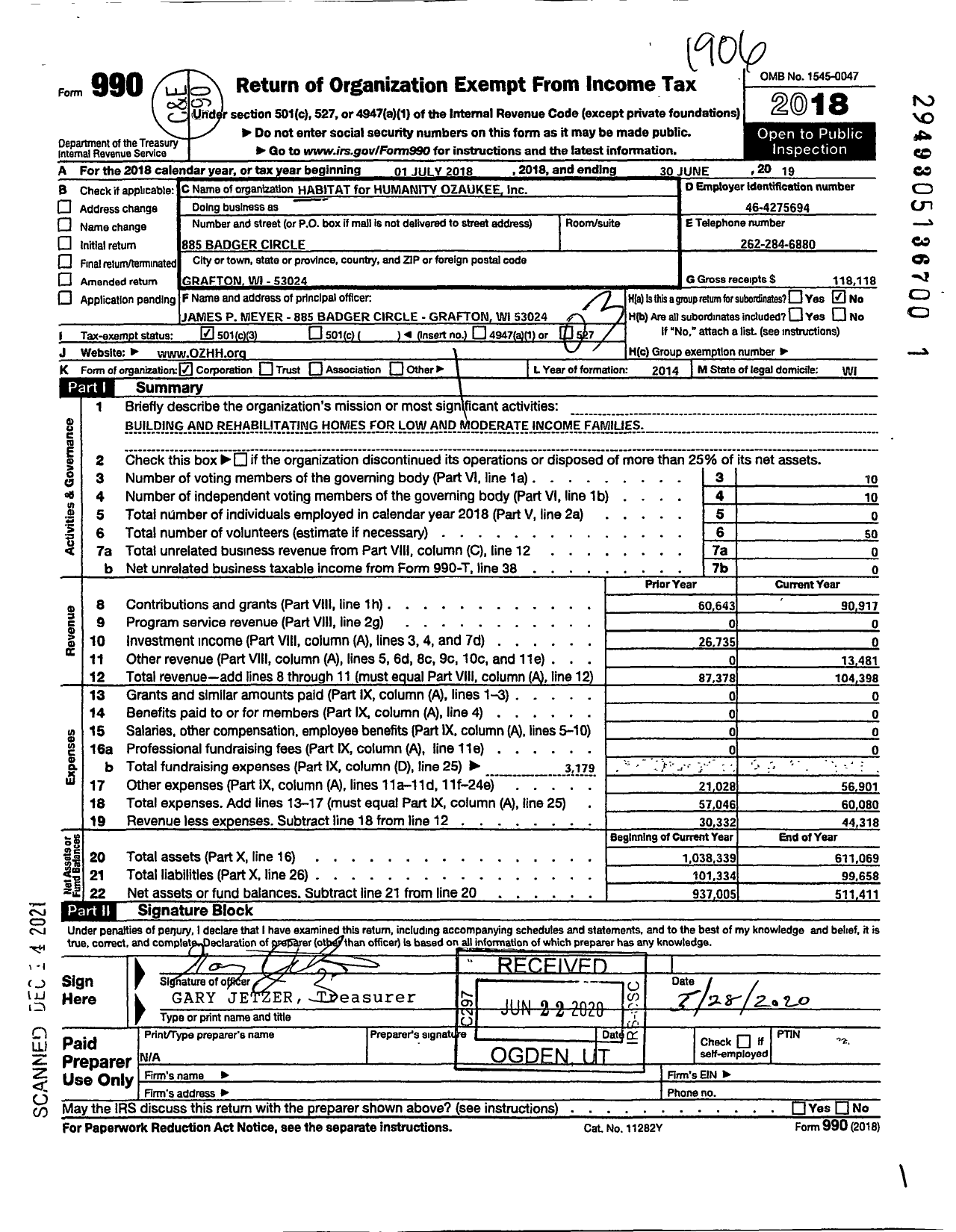 Image of first page of 2018 Form 990 for Habitat for Humanity - Habitat for Humanity Ozaukee