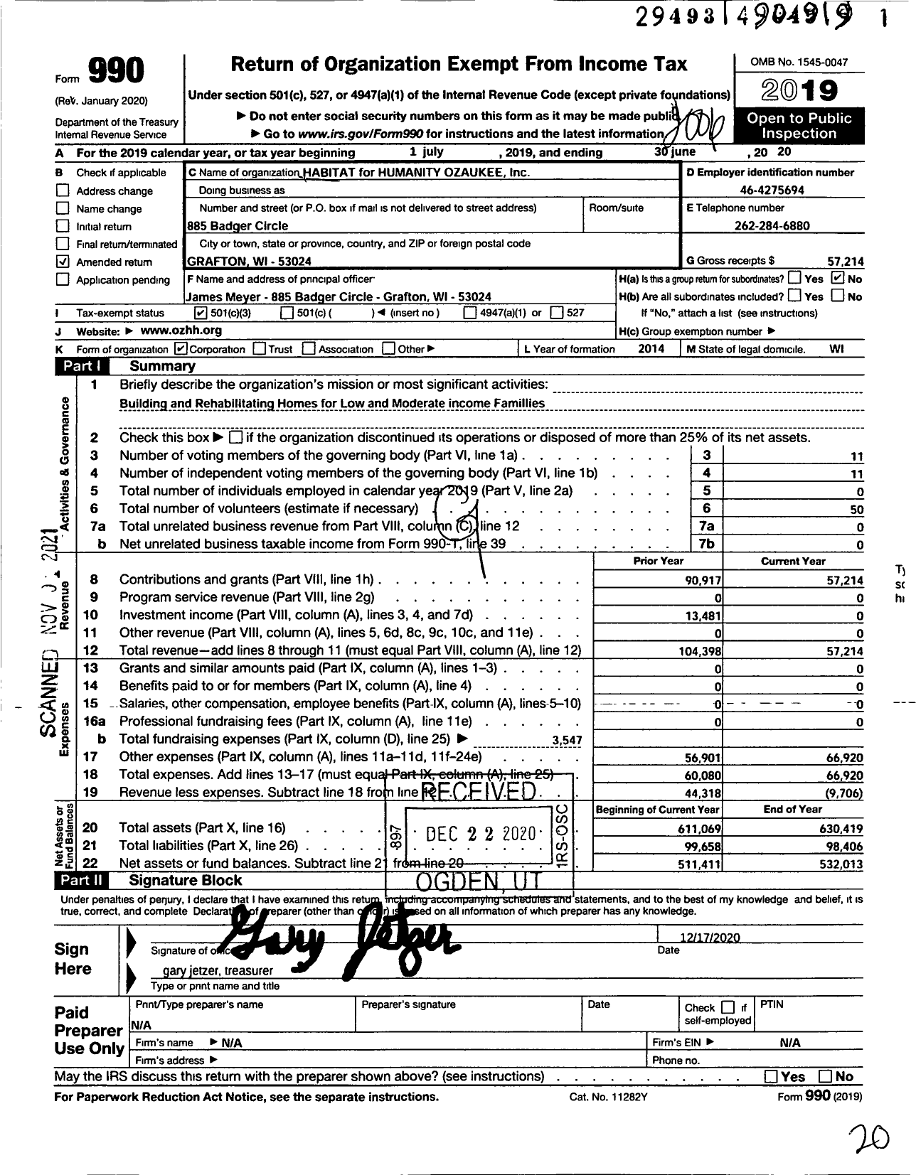 Image of first page of 2019 Form 990 for Habitat for Humanity - Habitat for Humanity Ozaukee