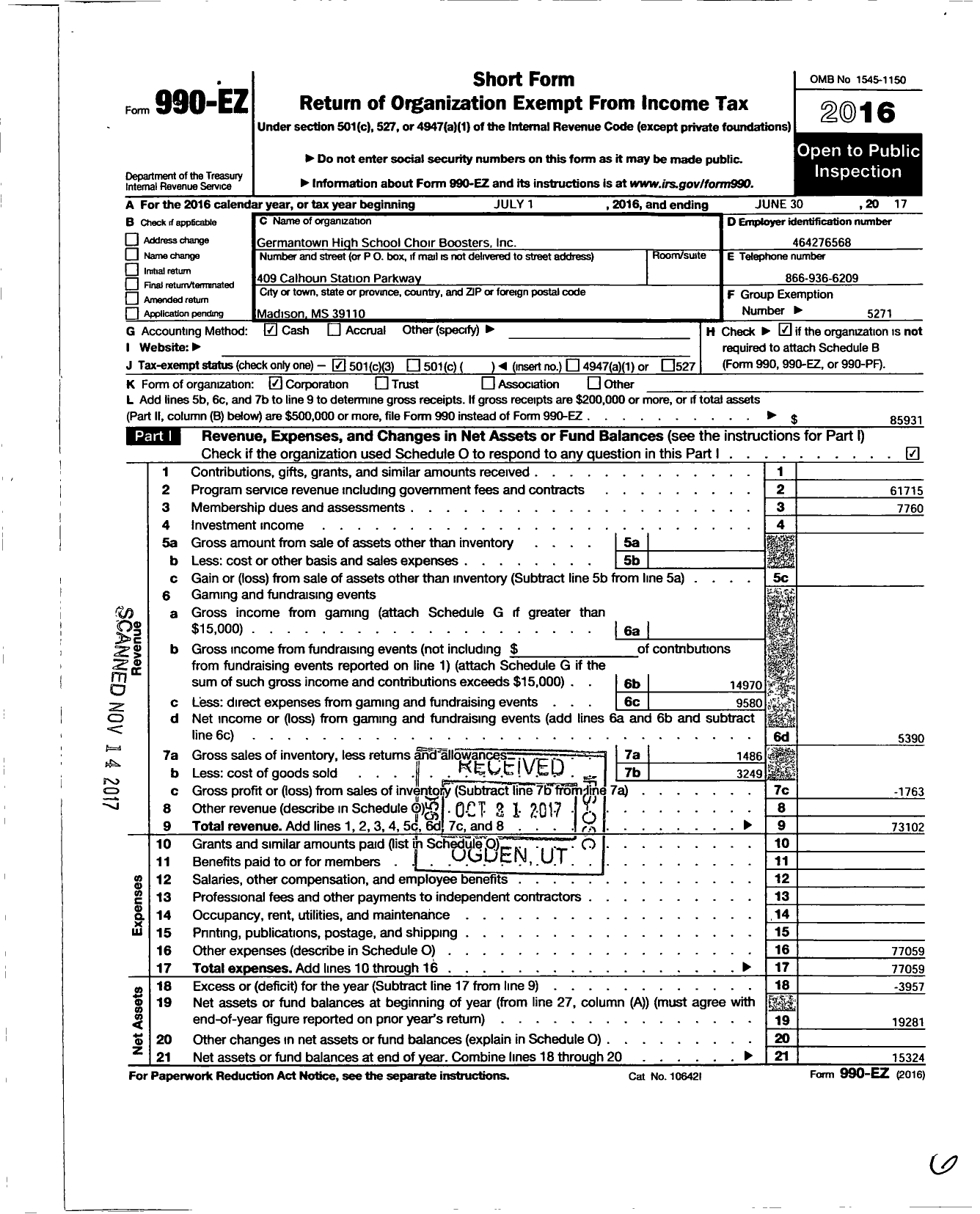 Image of first page of 2016 Form 990EZ for Parent Booster USA / Germantown High School Choir Booste