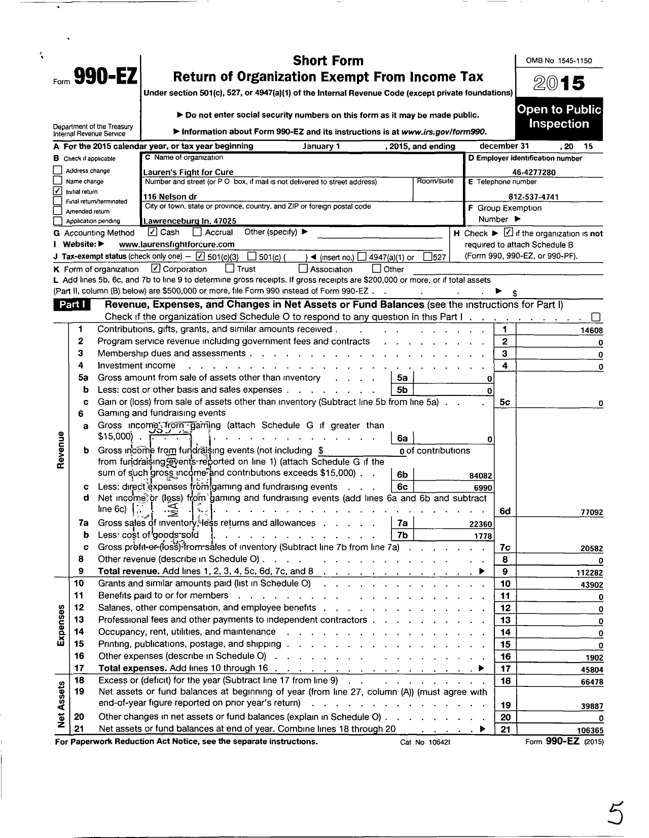 Image of first page of 2015 Form 990EZ for Laurens Fight For Cure