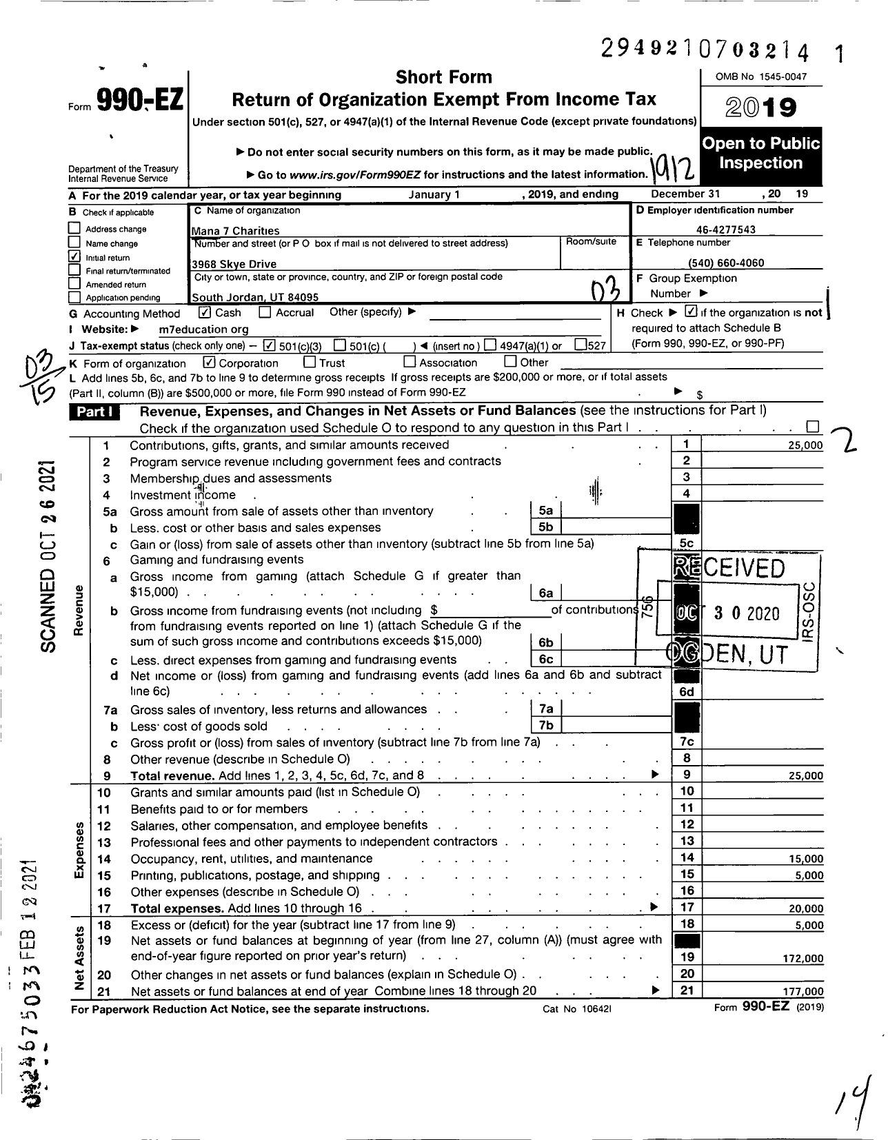 Image of first page of 2019 Form 990EZ for Mana 7 Charities