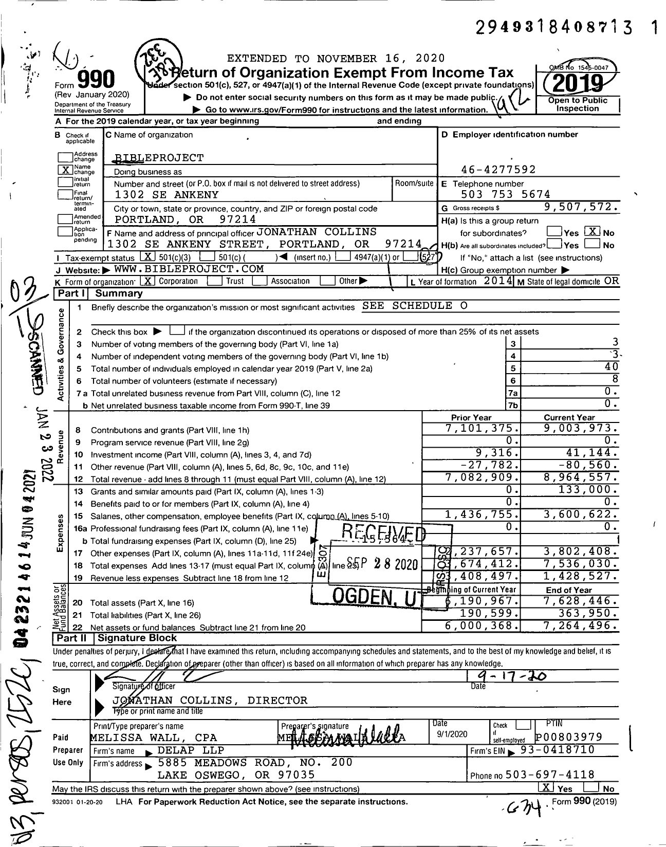 Image of first page of 2019 Form 990 for BibleProject