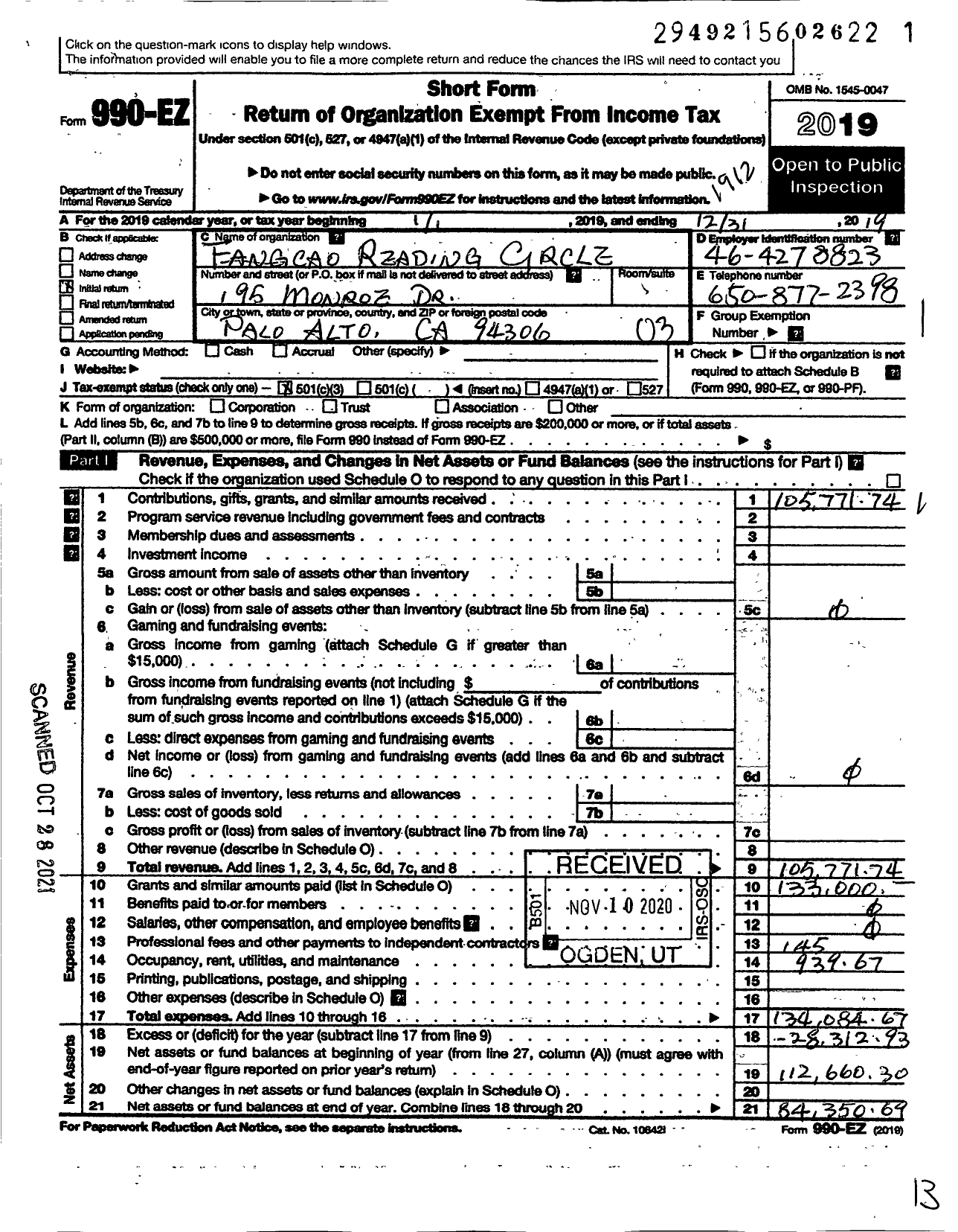 Image of first page of 2019 Form 990EZ for Fangcao Reading Circle