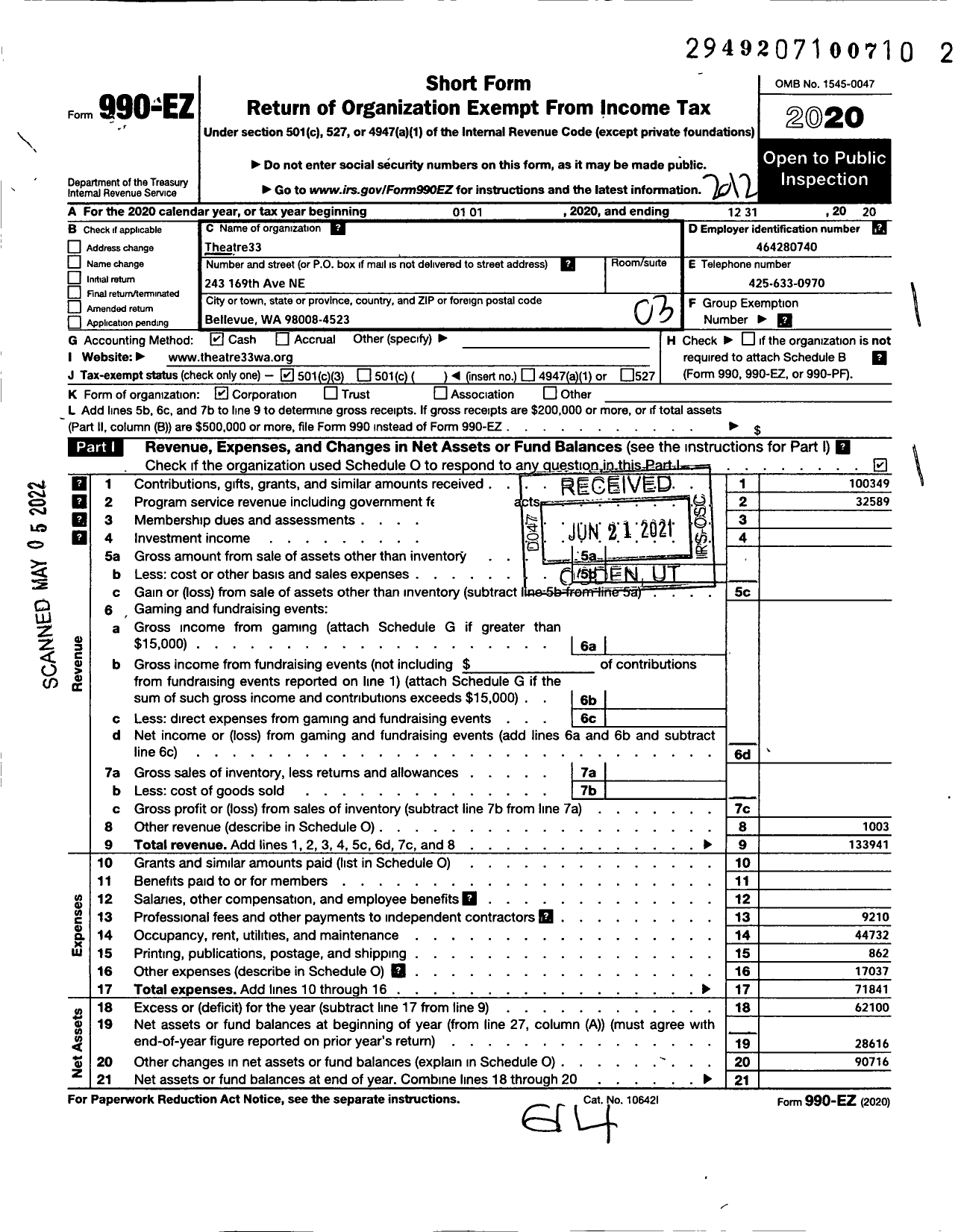 Image of first page of 2020 Form 990EZ for Theatre33