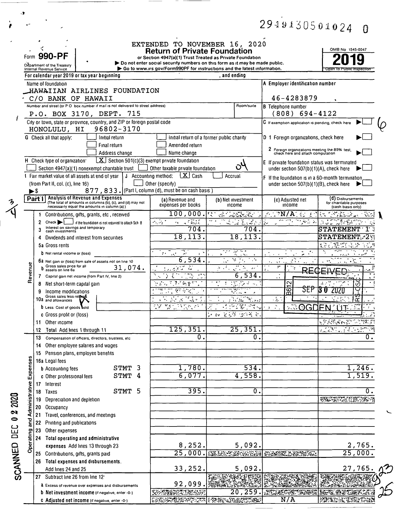 Image of first page of 2019 Form 990PF for Hawaiian Airlines Foundation