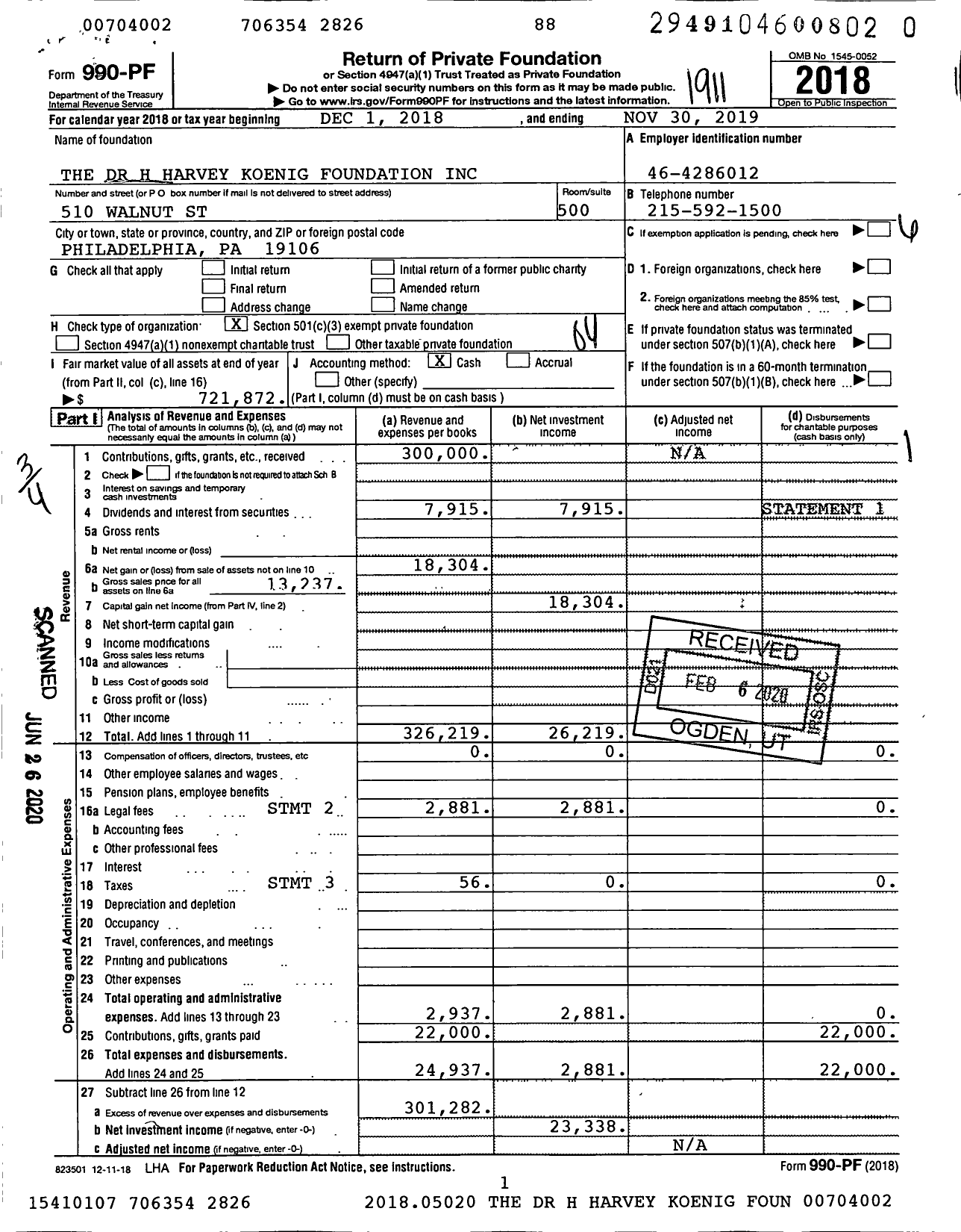 Image of first page of 2018 Form 990PR for The Dr H Harvey Koenig Foundation