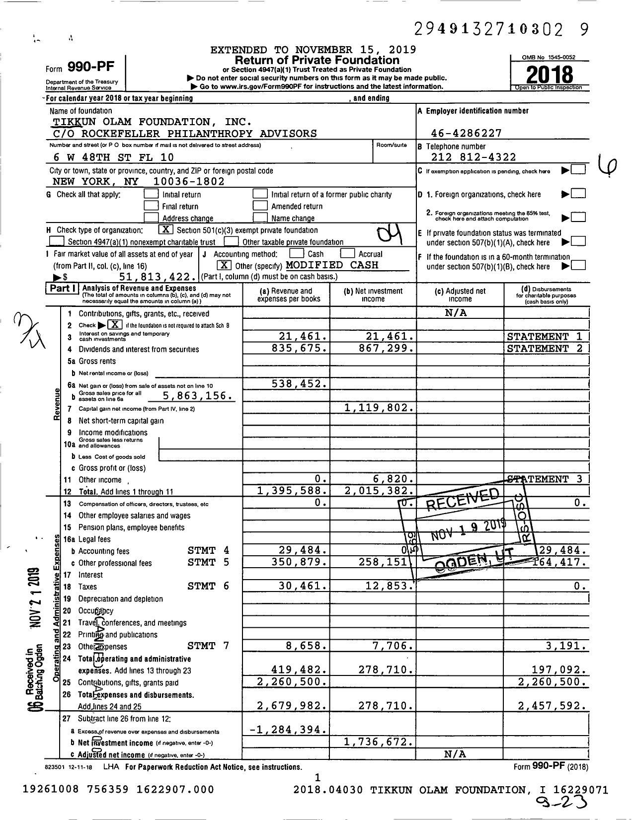 Image of first page of 2018 Form 990PF for Tikkun Olam Foundation