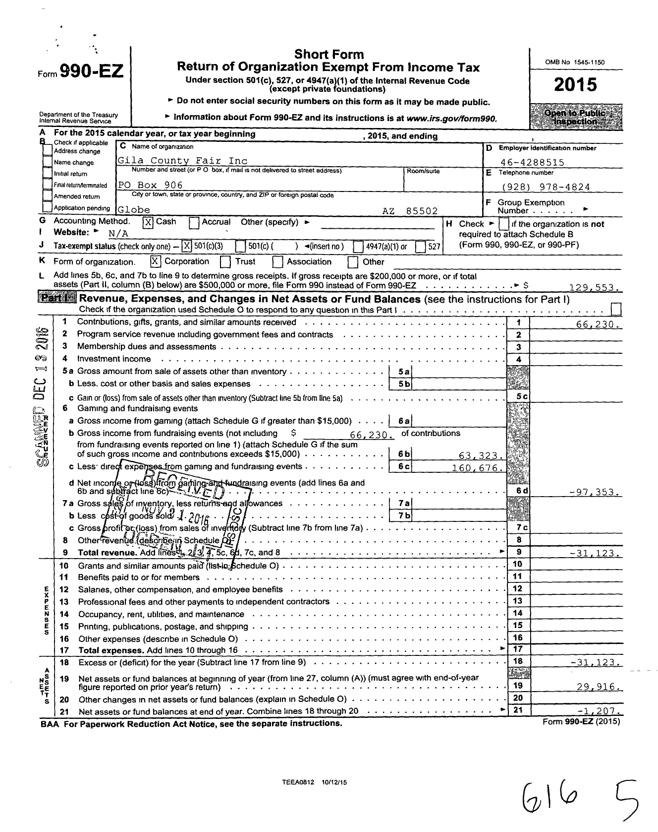 Image of first page of 2015 Form 990EZ for Gila County Fair