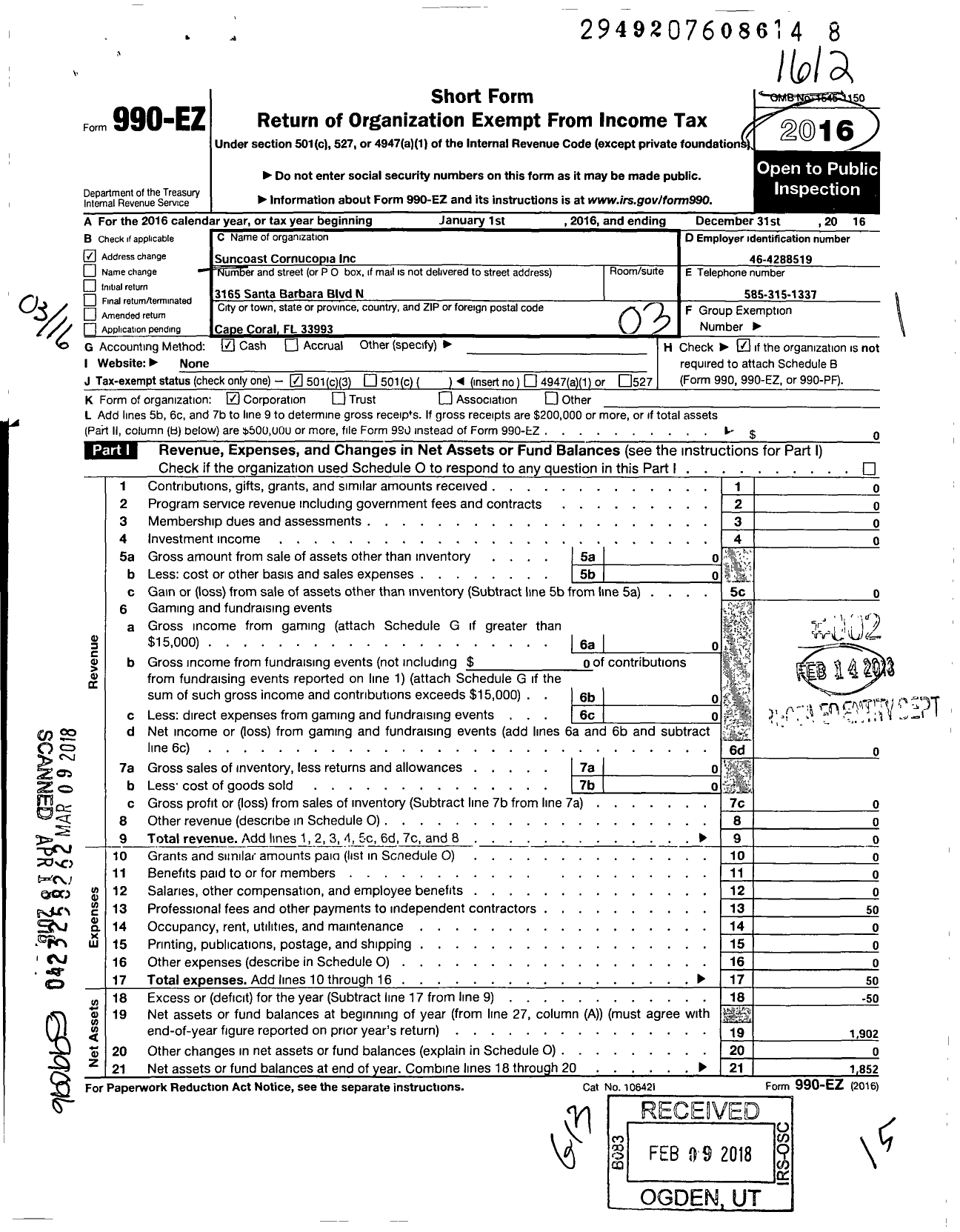 Image of first page of 2016 Form 990EZ for Suncoast Cornucopia