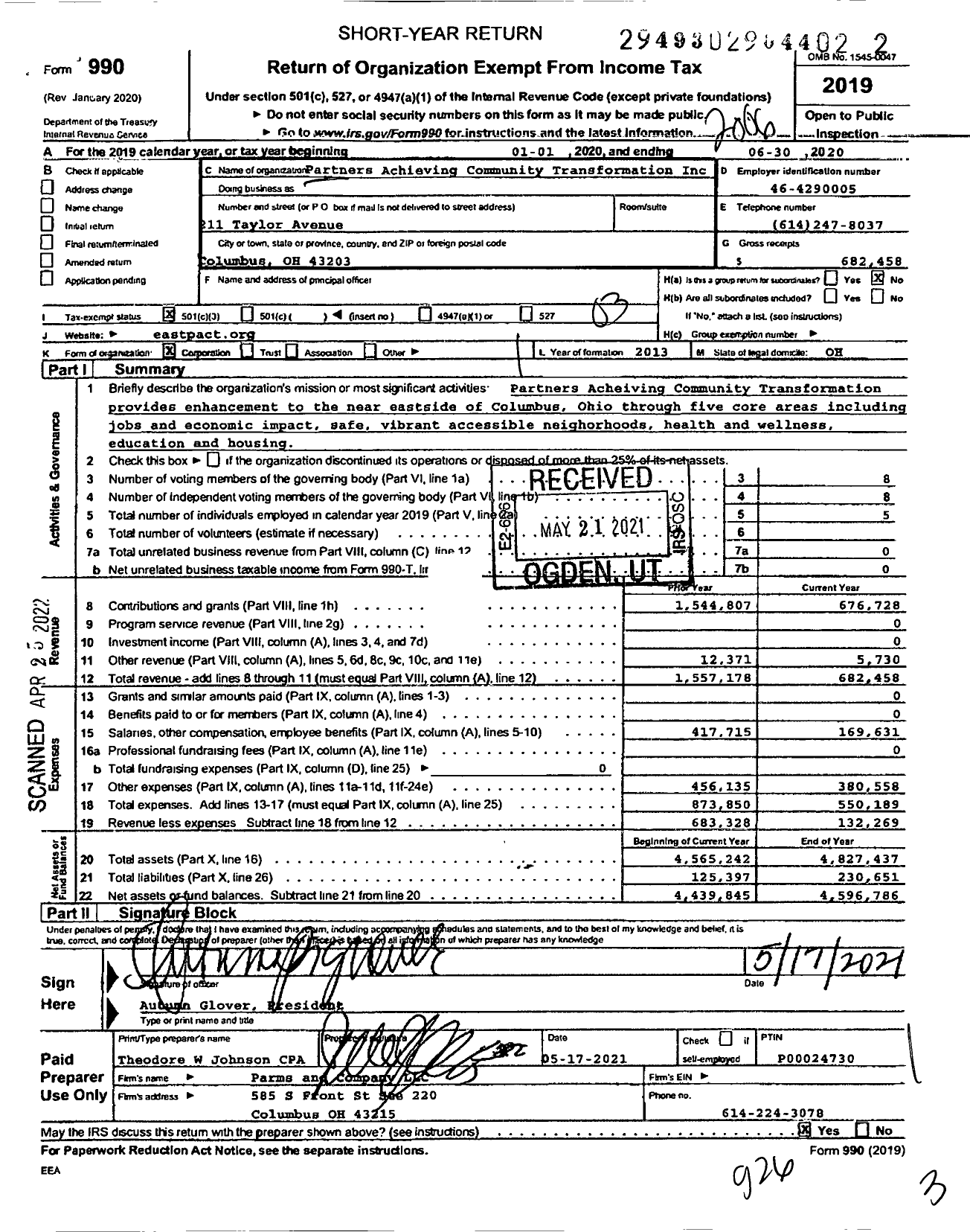 Image of first page of 2019 Form 990 for Partners Achieving Community Transformation