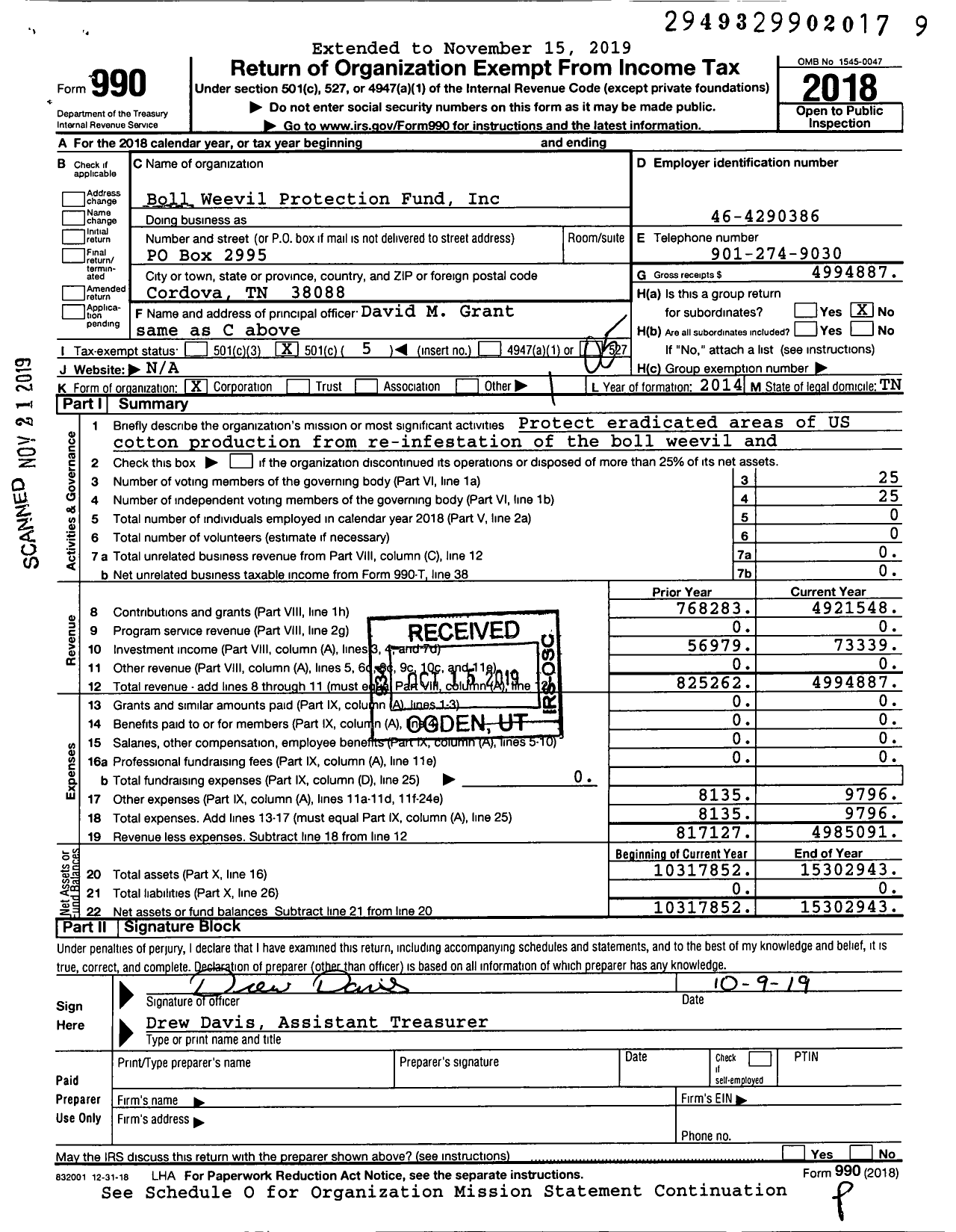 Image of first page of 2018 Form 990O for Boll Weevil Protection Fund