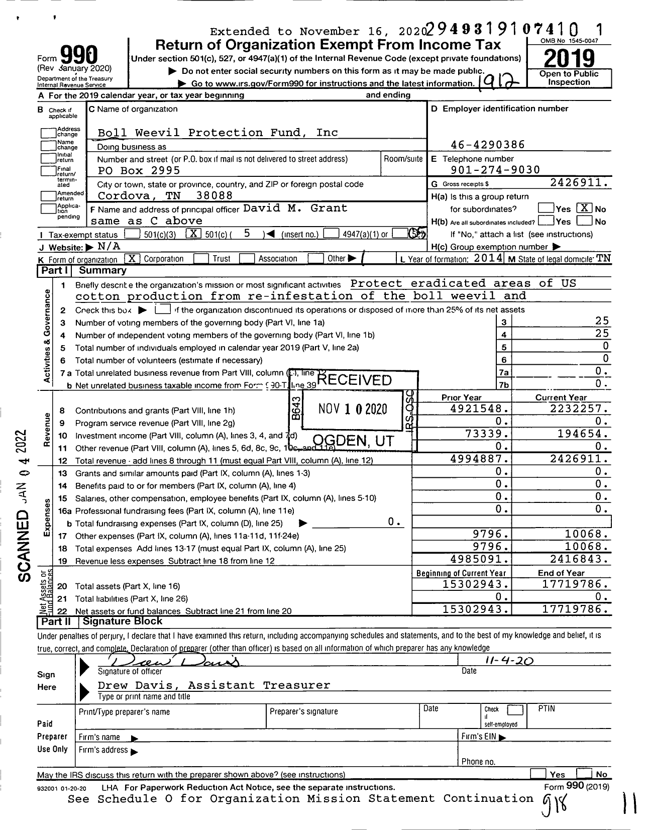 Image of first page of 2019 Form 990O for Boll Weevil Protection Fund