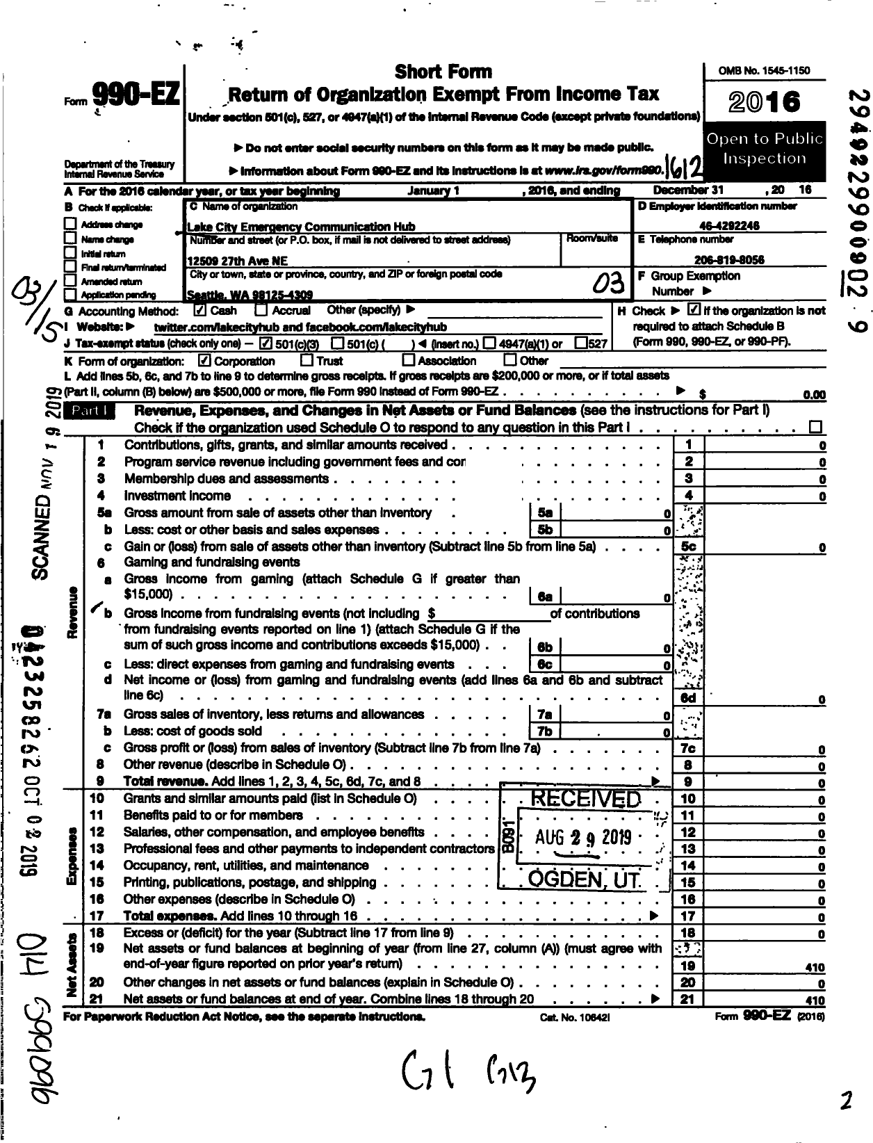 Image of first page of 2016 Form 990EZ for Lake City Emergency Communication Hub