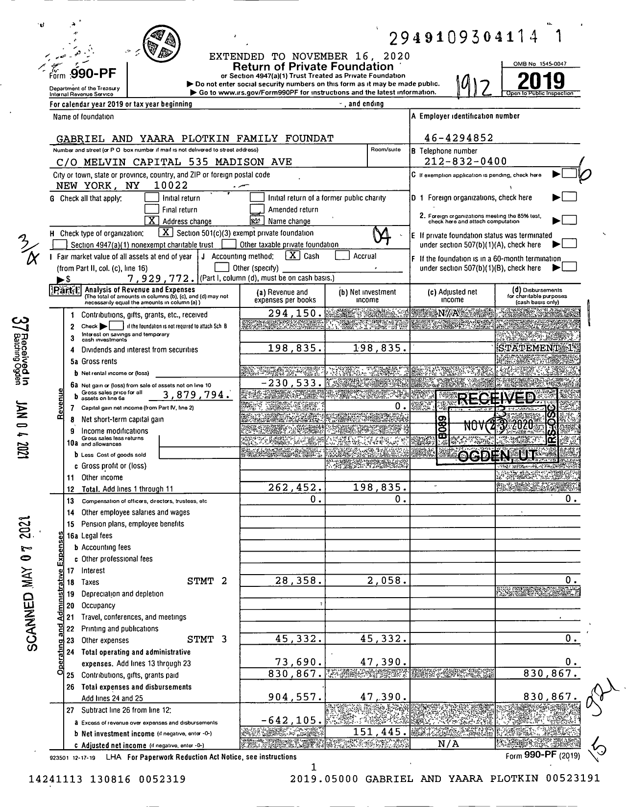 Image of first page of 2019 Form 990PF for Gabriel and Yaara Plotkin Family Foundation