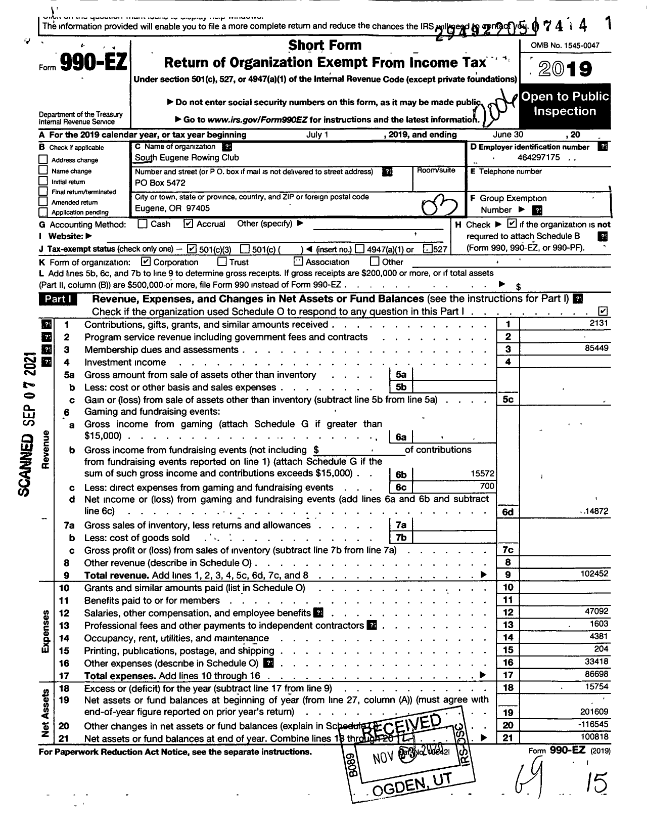 Image of first page of 2019 Form 990EZ for South Eugene Rowing Club