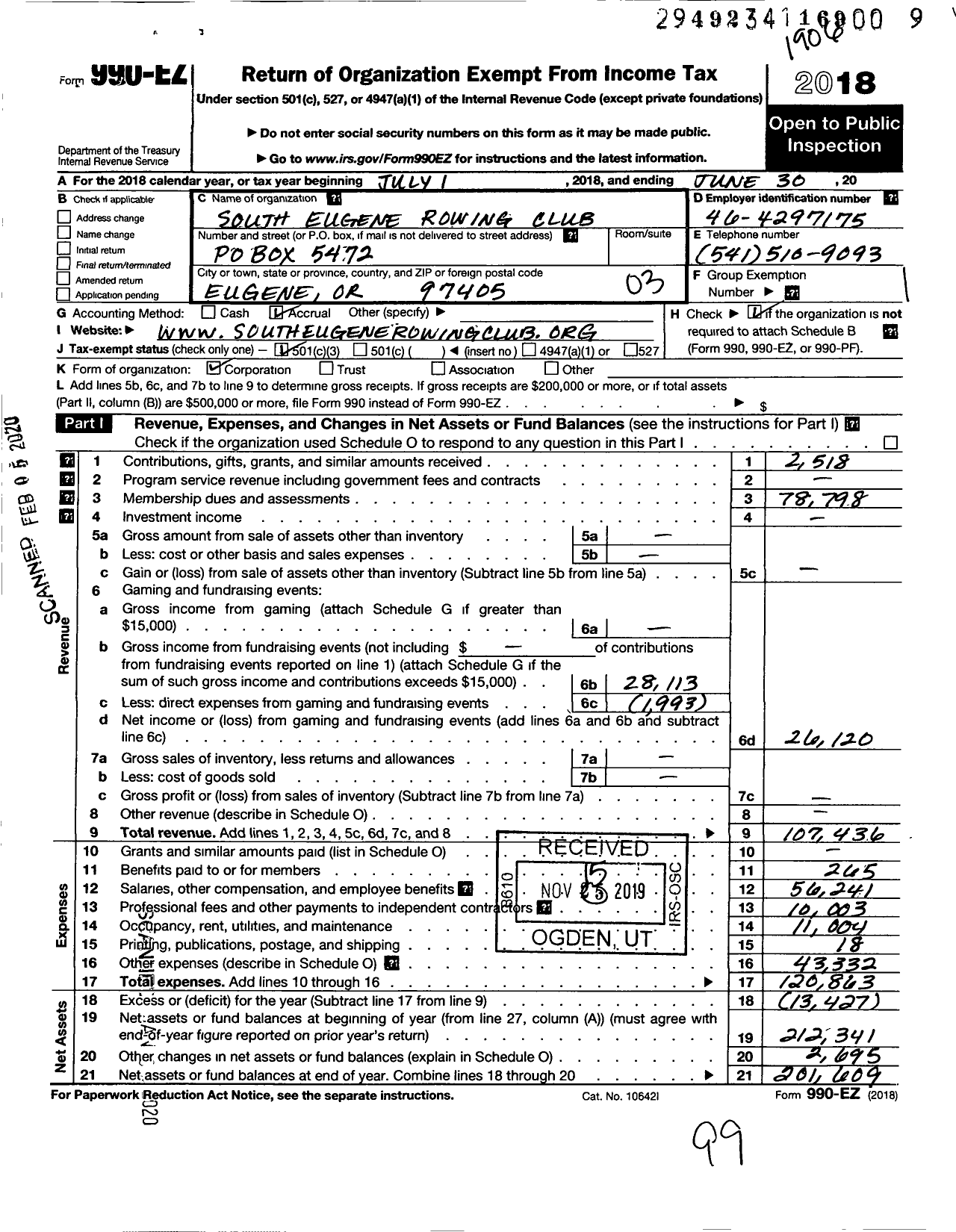 Image of first page of 2018 Form 990EZ for South Eugene Rowing Club