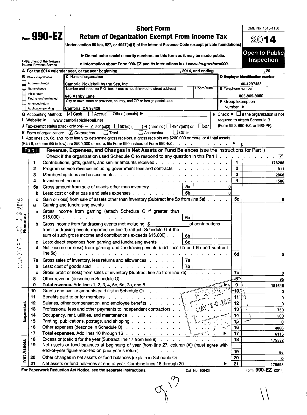 Image of first page of 2014 Form 990EZ for Cambria Pickleball By the Sea