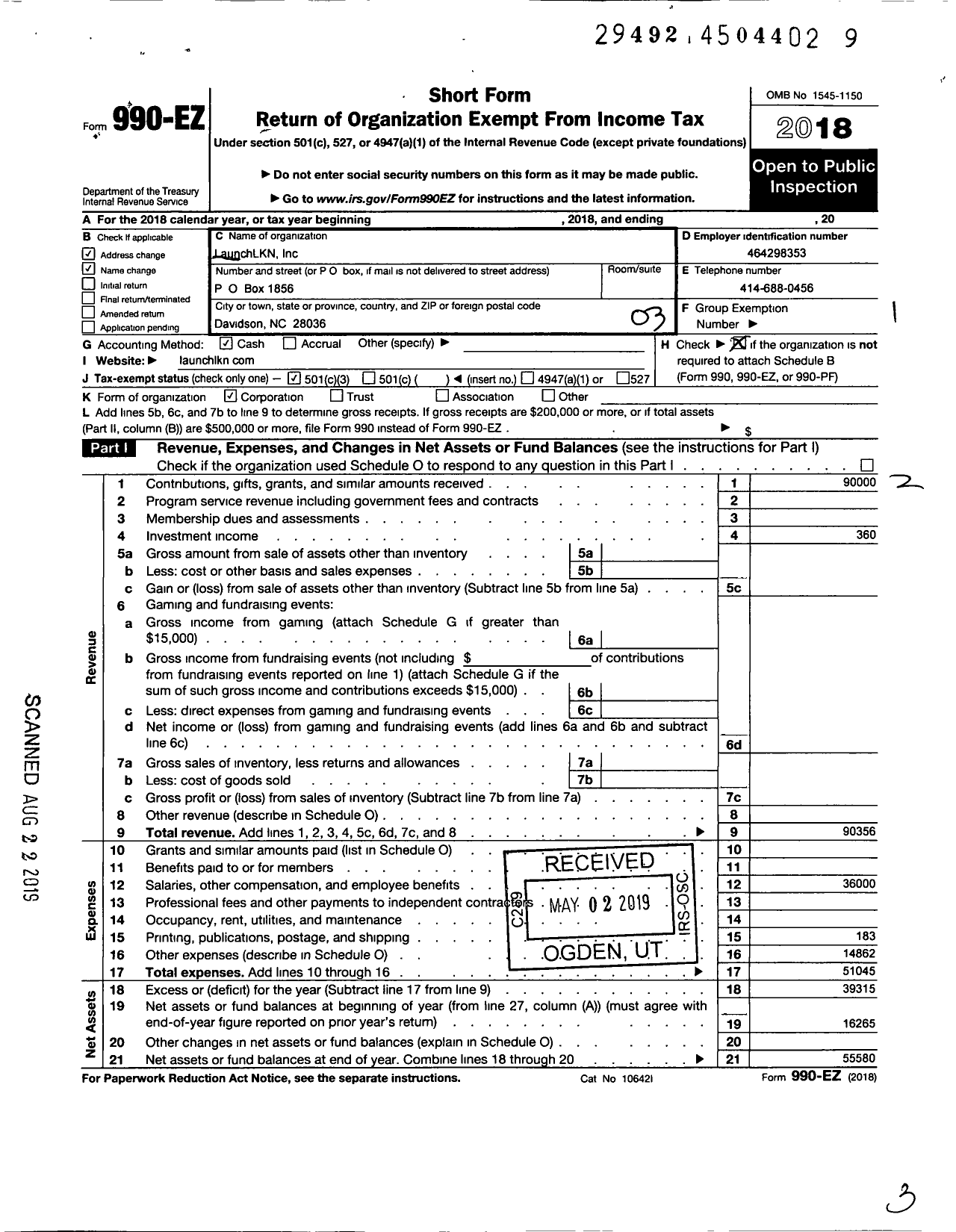 Image of first page of 2018 Form 990EZ for LaunchLKN