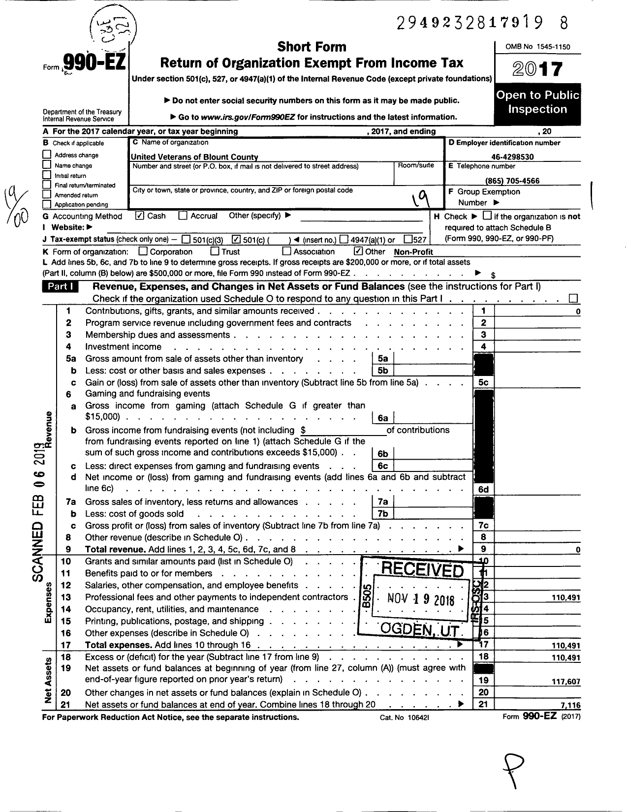 Image of first page of 2017 Form 990EO for United Veterans of Blount County