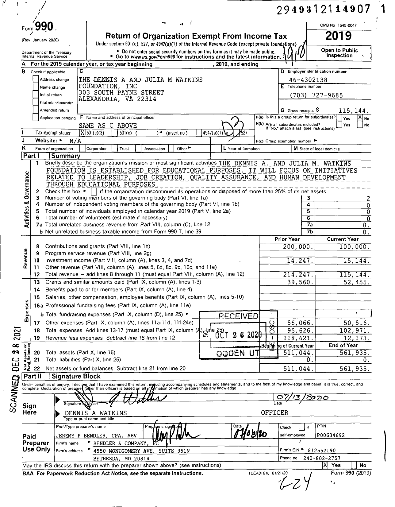 Image of first page of 2019 Form 990 for The Dennis A and Julia M Watkins Foundation