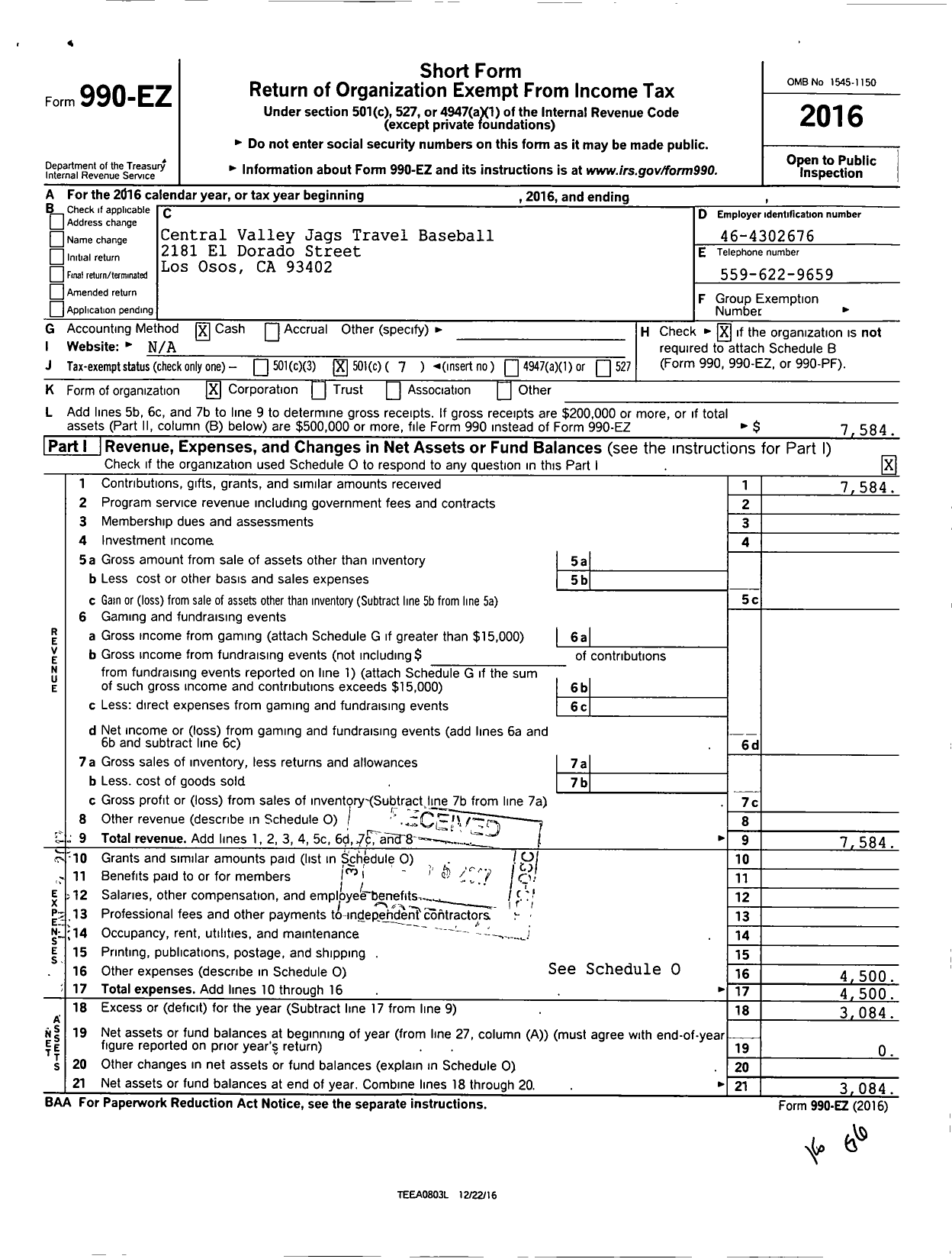 Image of first page of 2016 Form 990EO for Central Valley Jags Travel Baseball