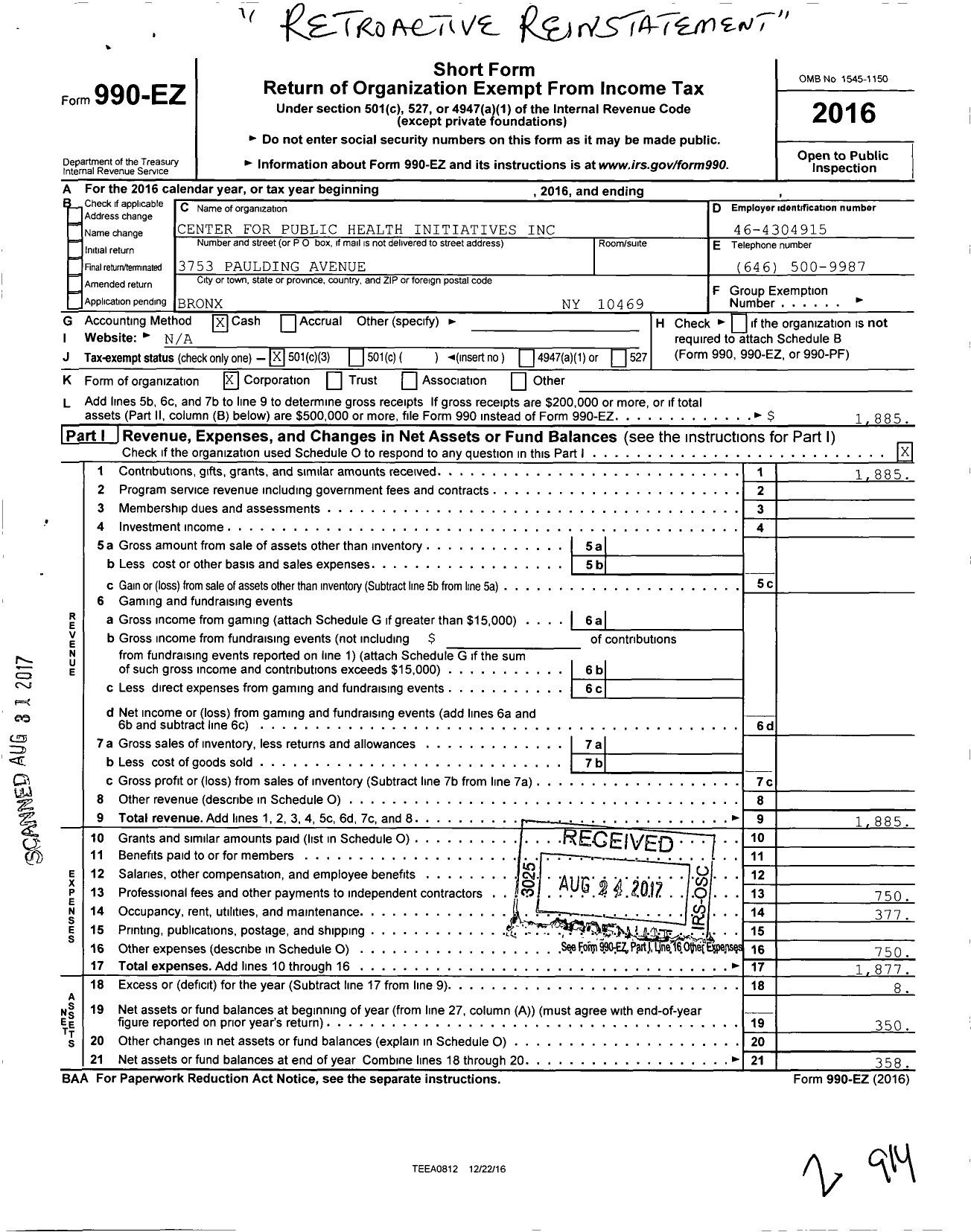 Image of first page of 2016 Form 990EZ for Center for Public Health Initiatives