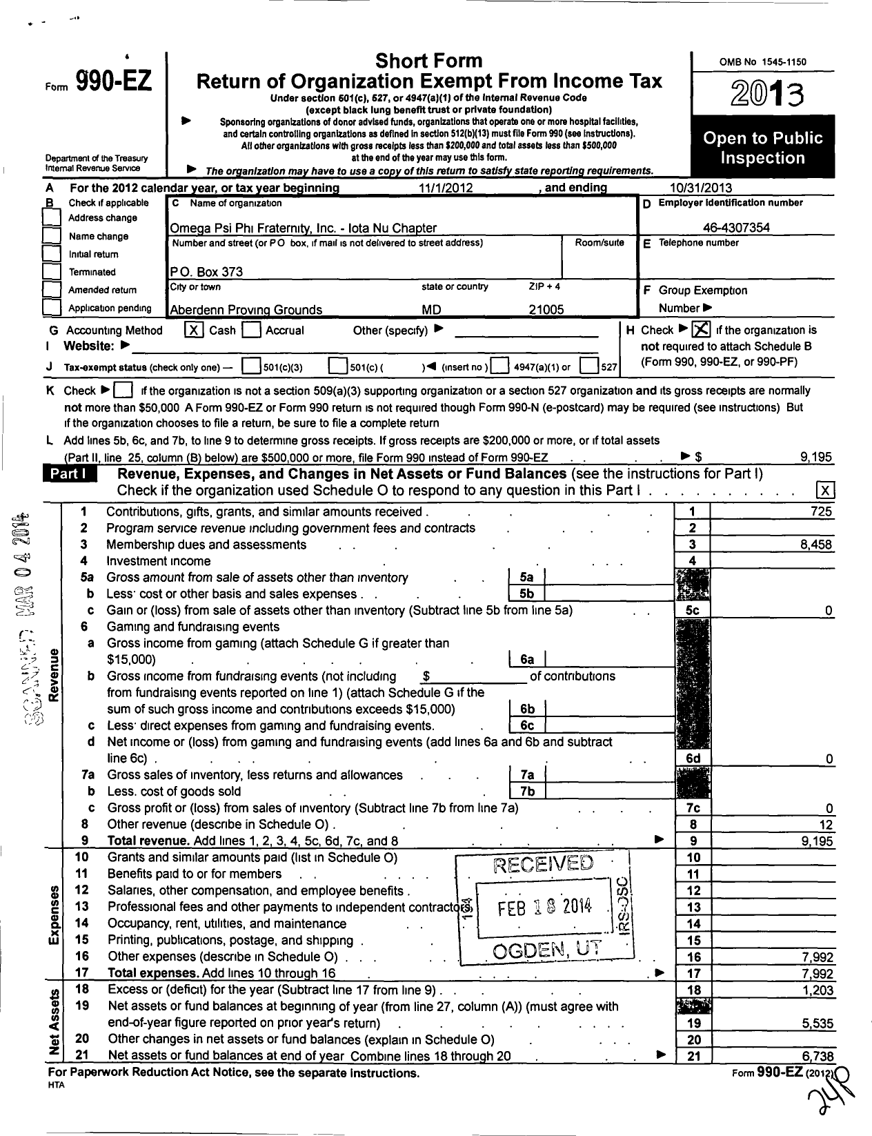 Image of first page of 2012 Form 990EO for Omega Psi Phi Fraternity / Iota Nu Chapter