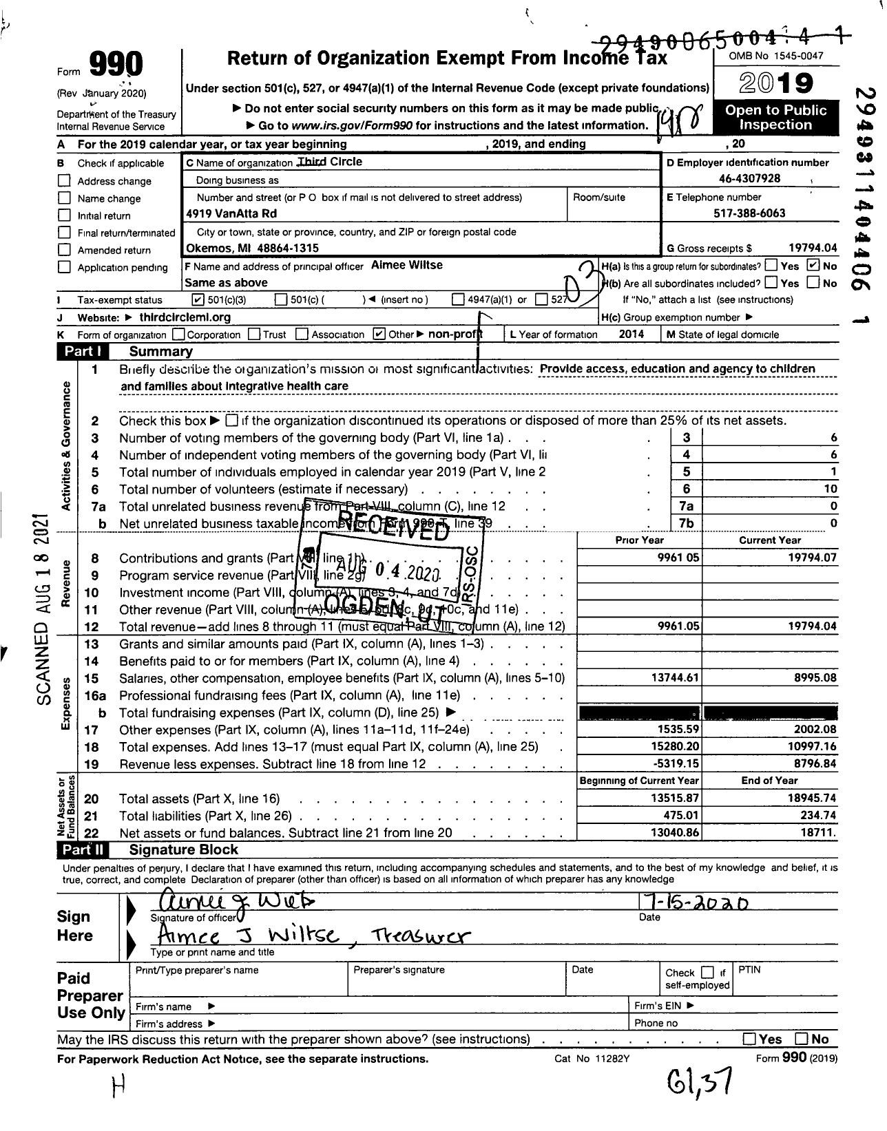 Image of first page of 2019 Form 990 for Third Circle