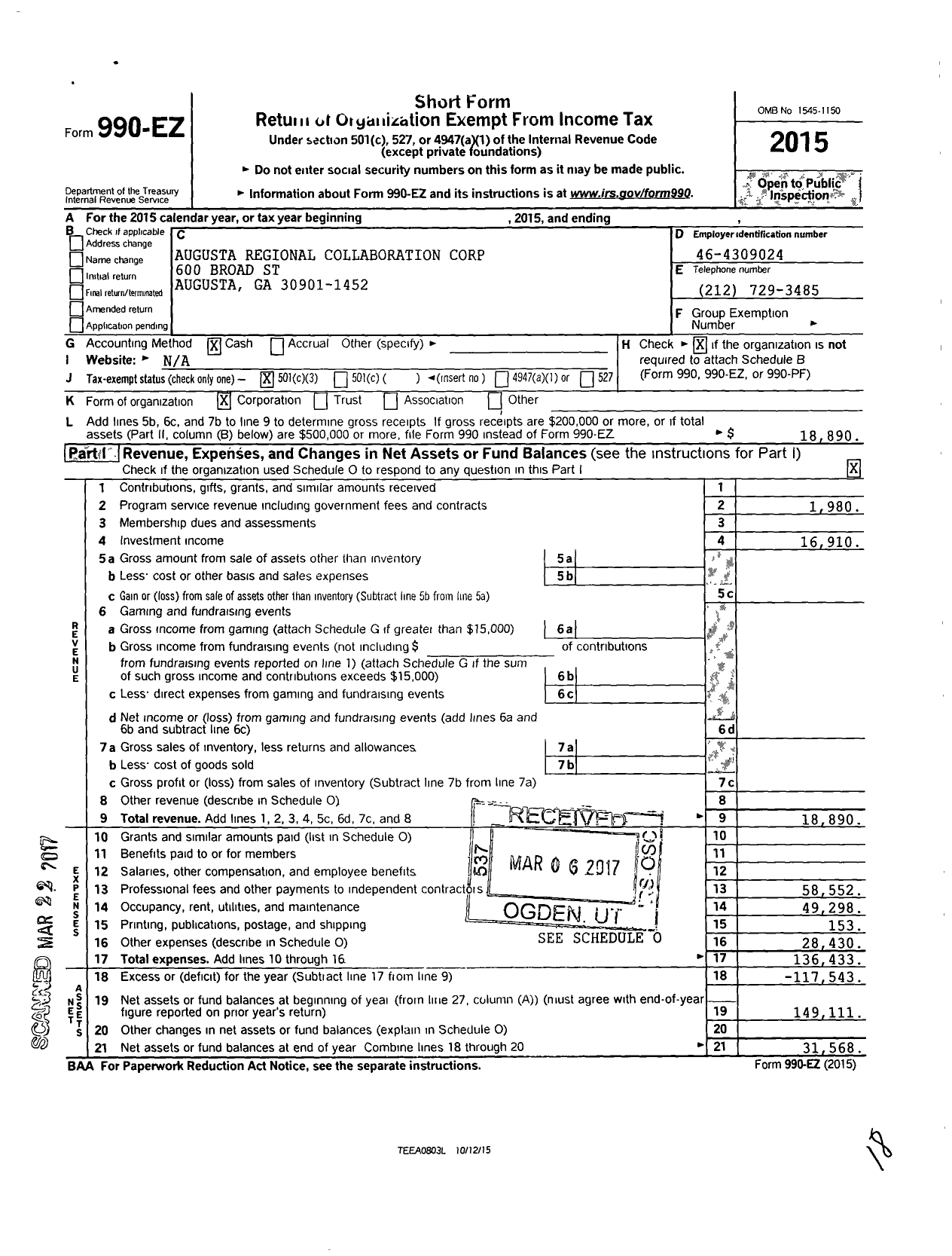 Image of first page of 2015 Form 990EZ for Augusta Regional Collaboration Corporation