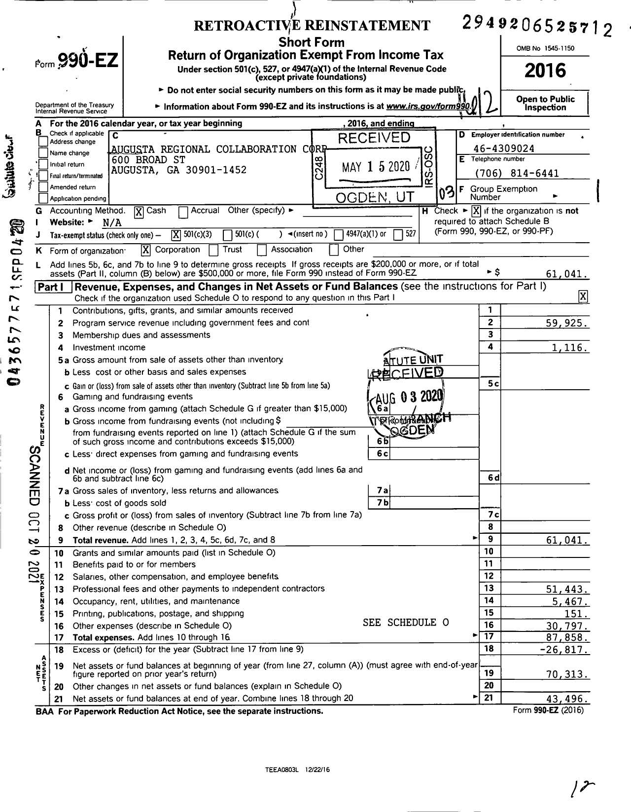 Image of first page of 2016 Form 990EZ for Augusta Regional Collaboration Corporation