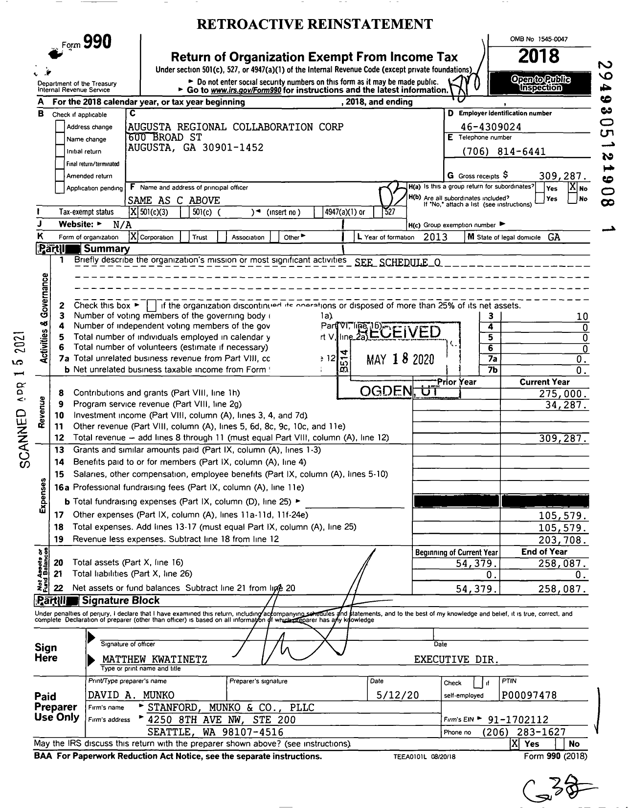 Image of first page of 2018 Form 990 for Augusta Regional Collaboration Corporation