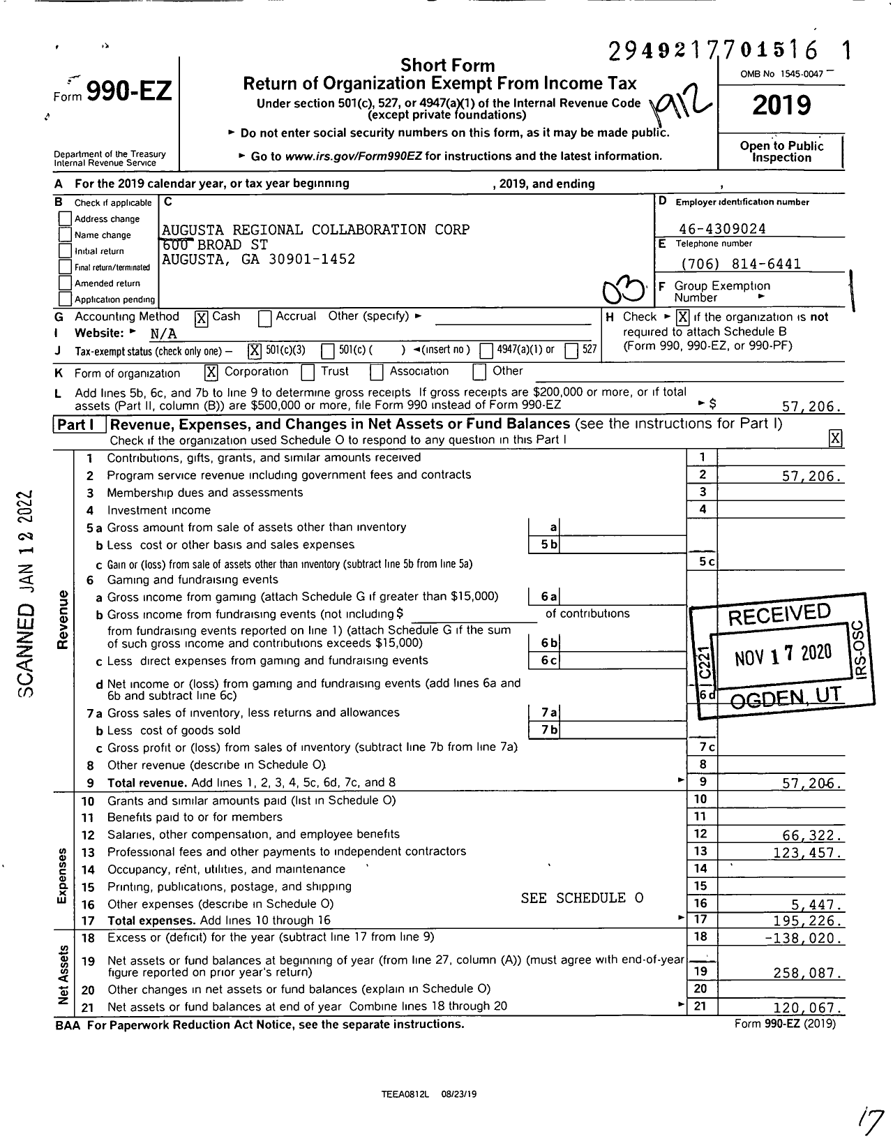 Image of first page of 2019 Form 990EZ for Augusta Regional Collaboration Corporation