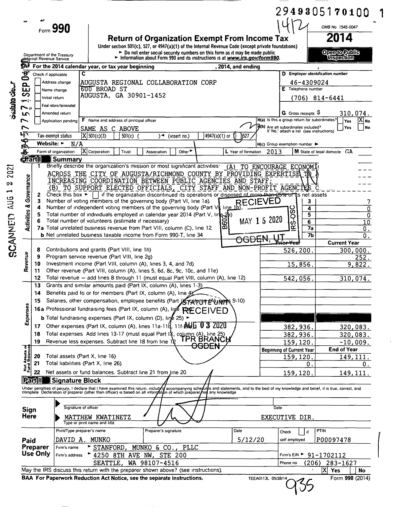 Image of first page of 2014 Form 990 for Augusta Regional Collaboration Corporation