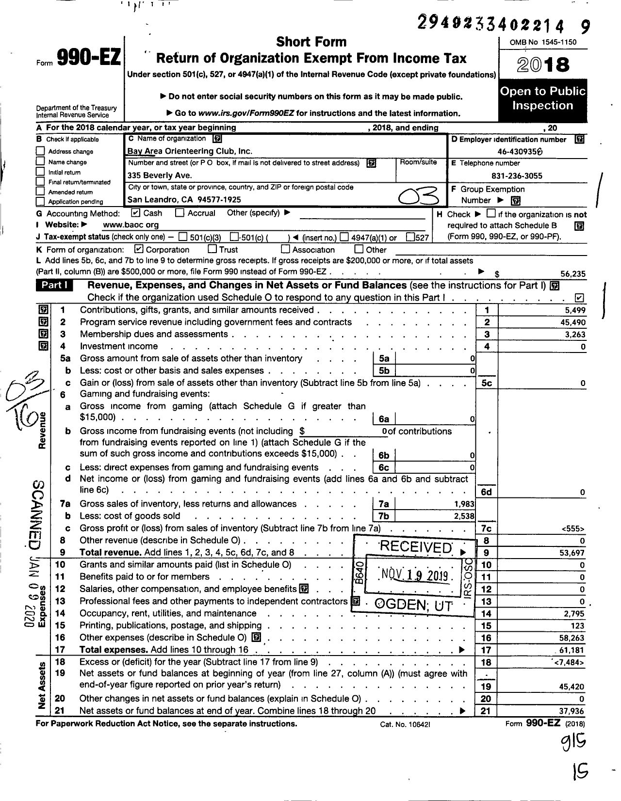 Image of first page of 2018 Form 990EZ for Bay Area Orienteering Club