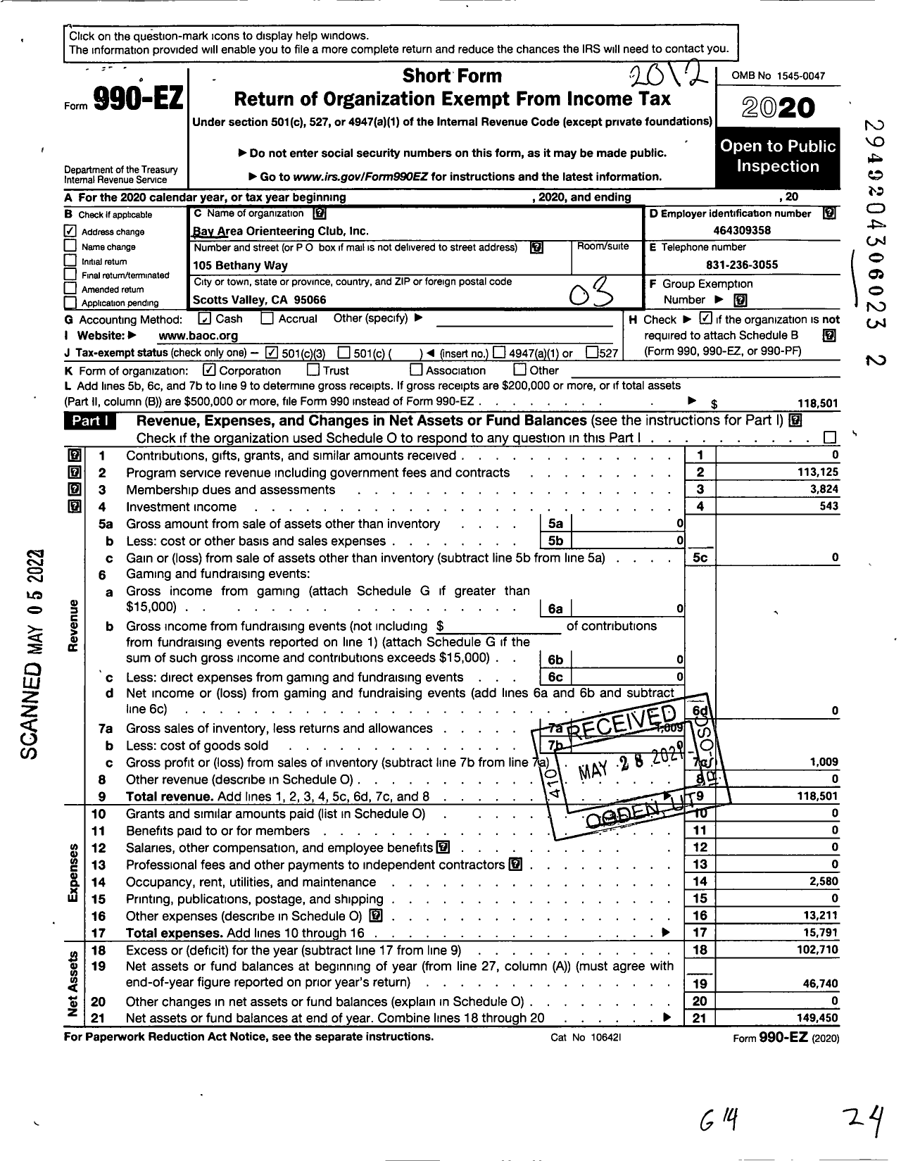 Image of first page of 2020 Form 990EZ for Bay Area Orienteering Club