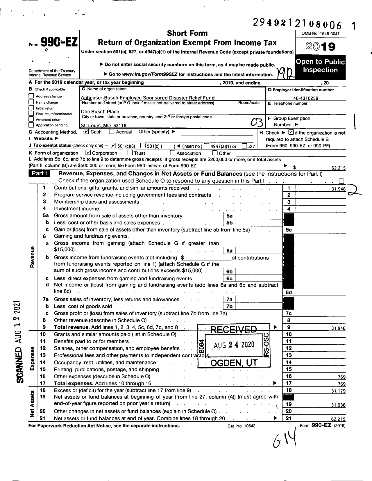 Image of first page of 2019 Form 990EZ for Anheuser-Busch Employee Sponsored Disaster Relief Fund
