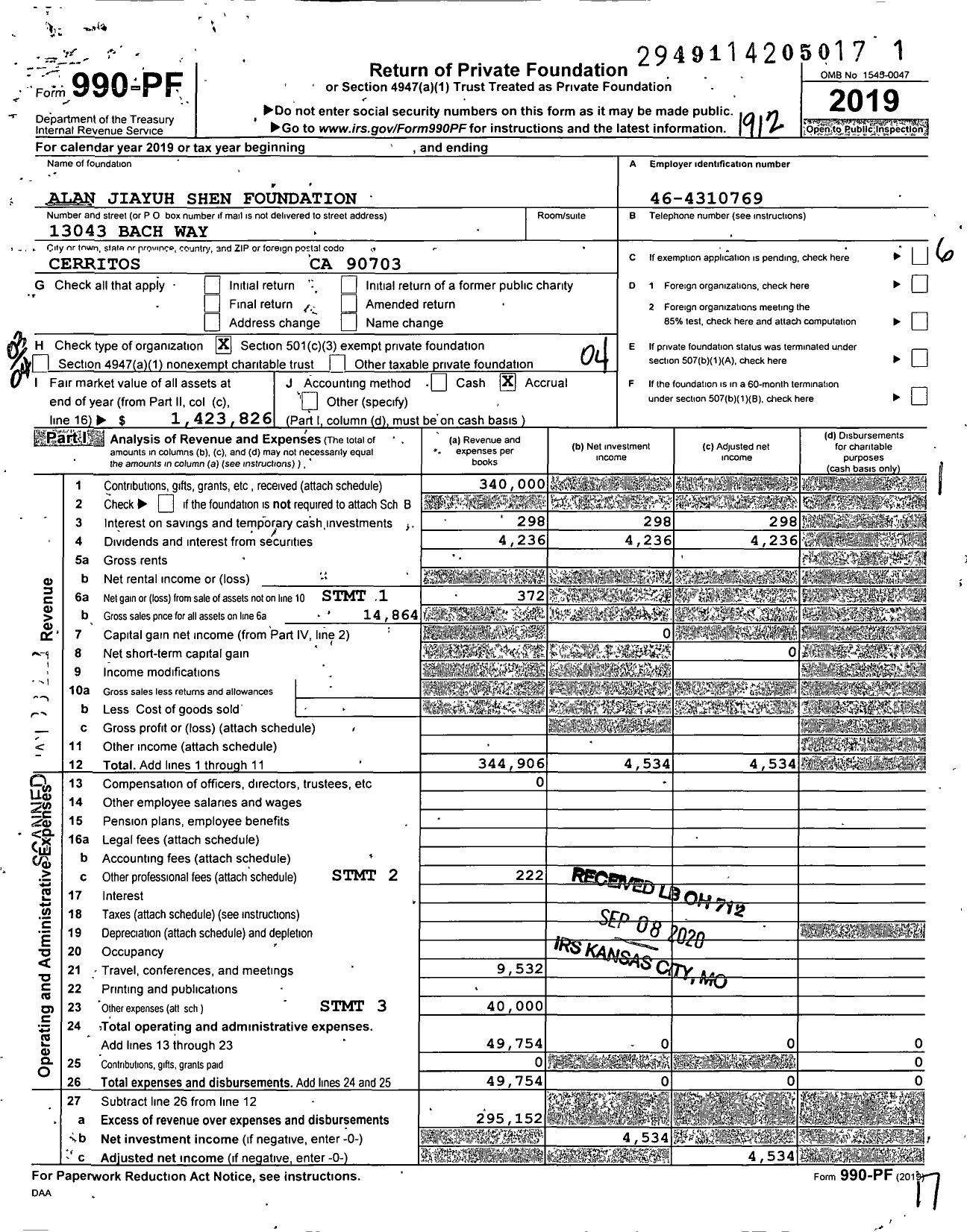 Image of first page of 2019 Form 990PF for Alan Jiayuh Shen Foundation